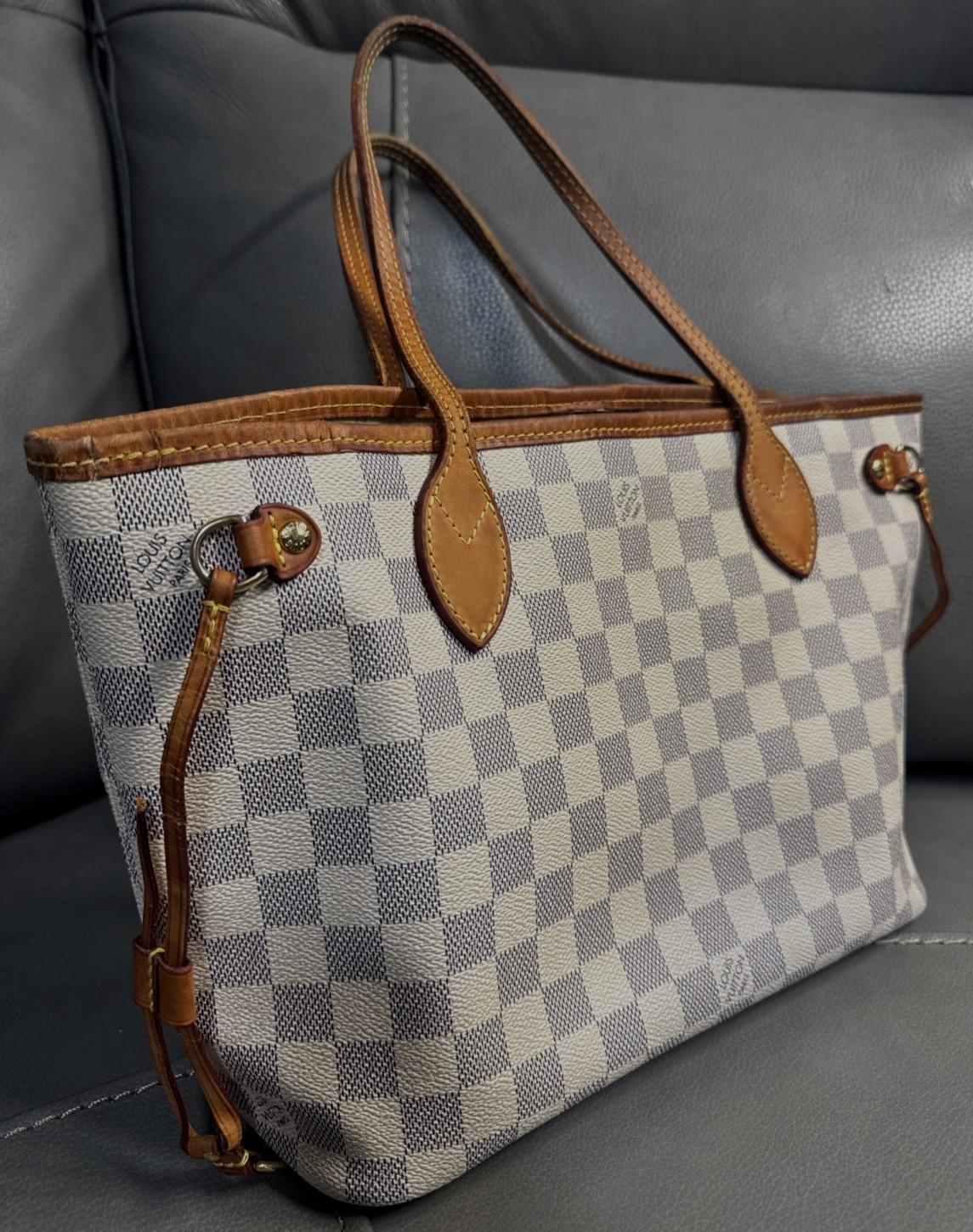 Authentic Louis Vuitton Neverfull PM Damier Azur Canvas Tote Shoulder Bag