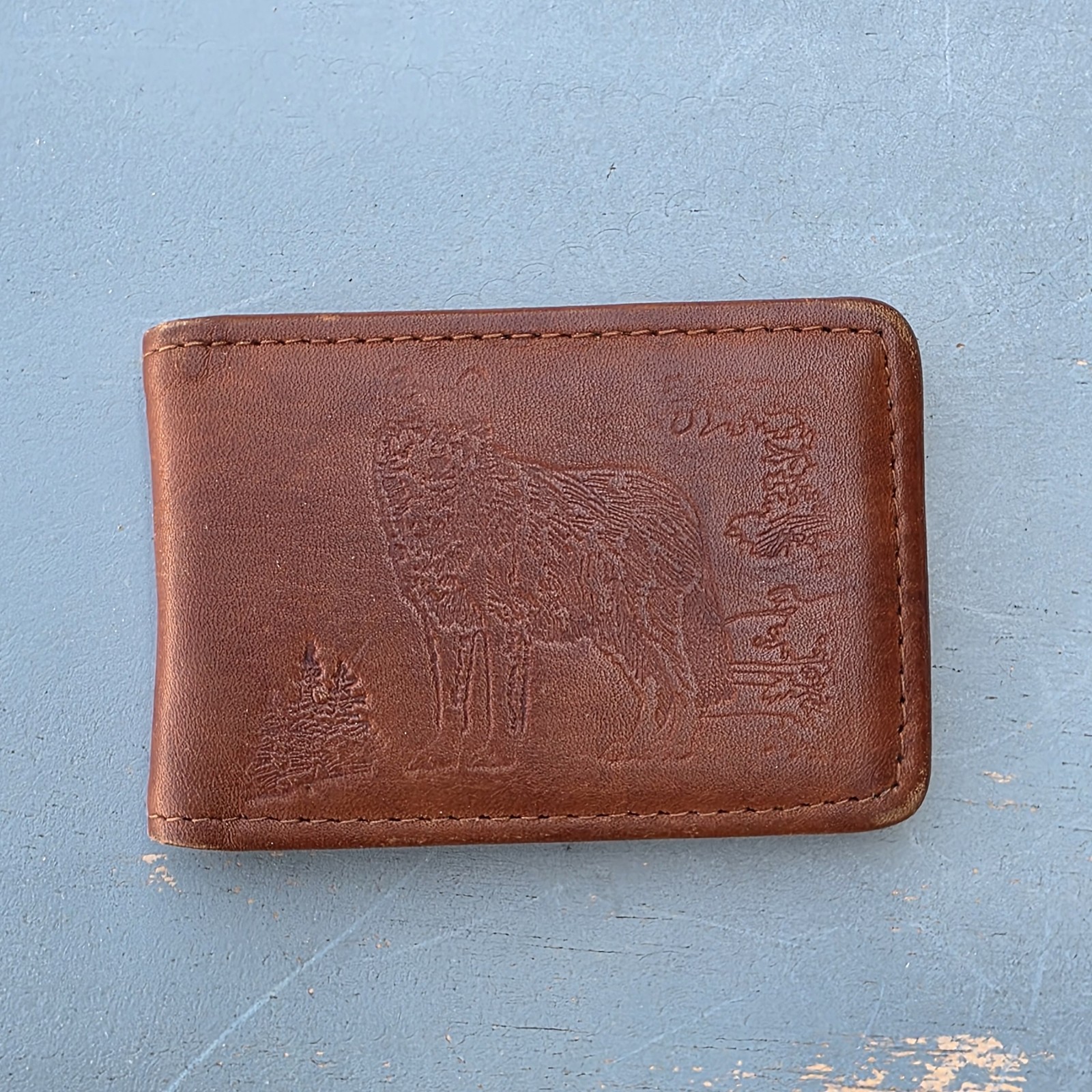 Genuine Leather Wolf Magnetic Money Clip Brown Bifold Wallet Wildlife Outdoor