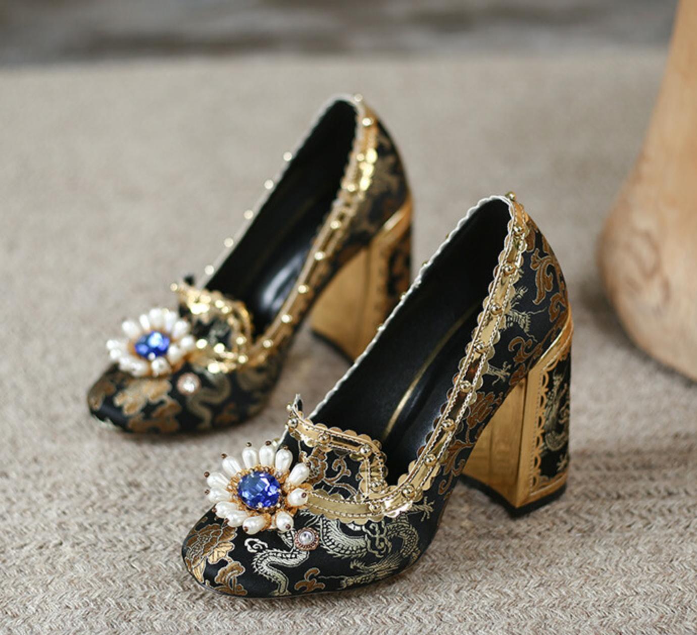 Women’s Beads Rhinestones Wedding Flower High Heel Pumps Satin Shoes Pumps Lady