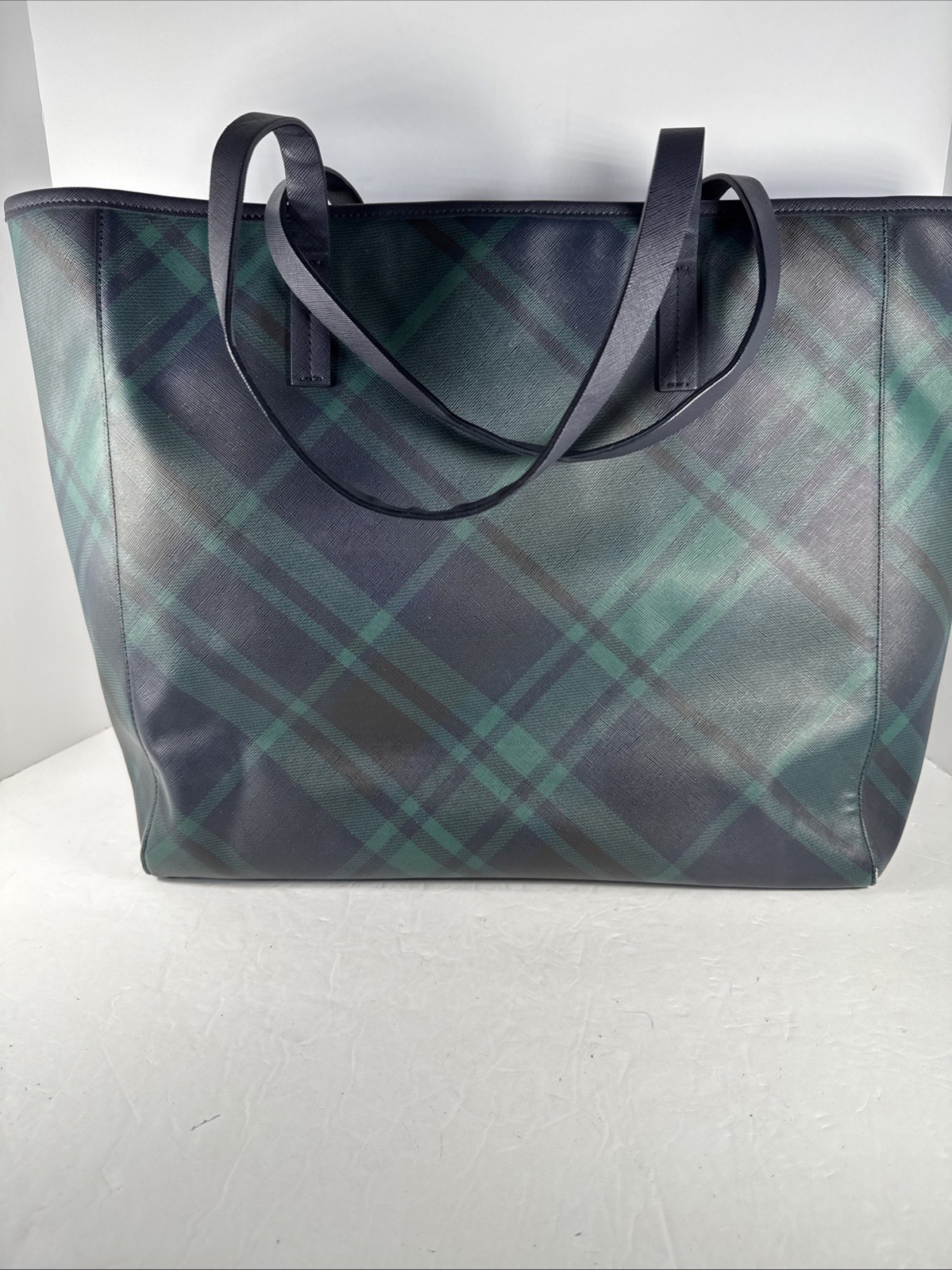 Talbots Deep Blue Green Tartan Plaid Classic Preppy Tote Large Coated Canvas GUC