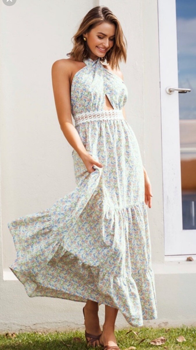 Cupshe Maritza Pastel Floral Crochet Convertible Adjustable Halter Maxi Dress XL