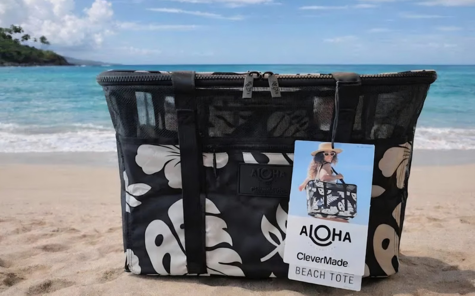 Aloha Collection CleverMade Foldable Mesh Beach Tote Black White Floral Zip