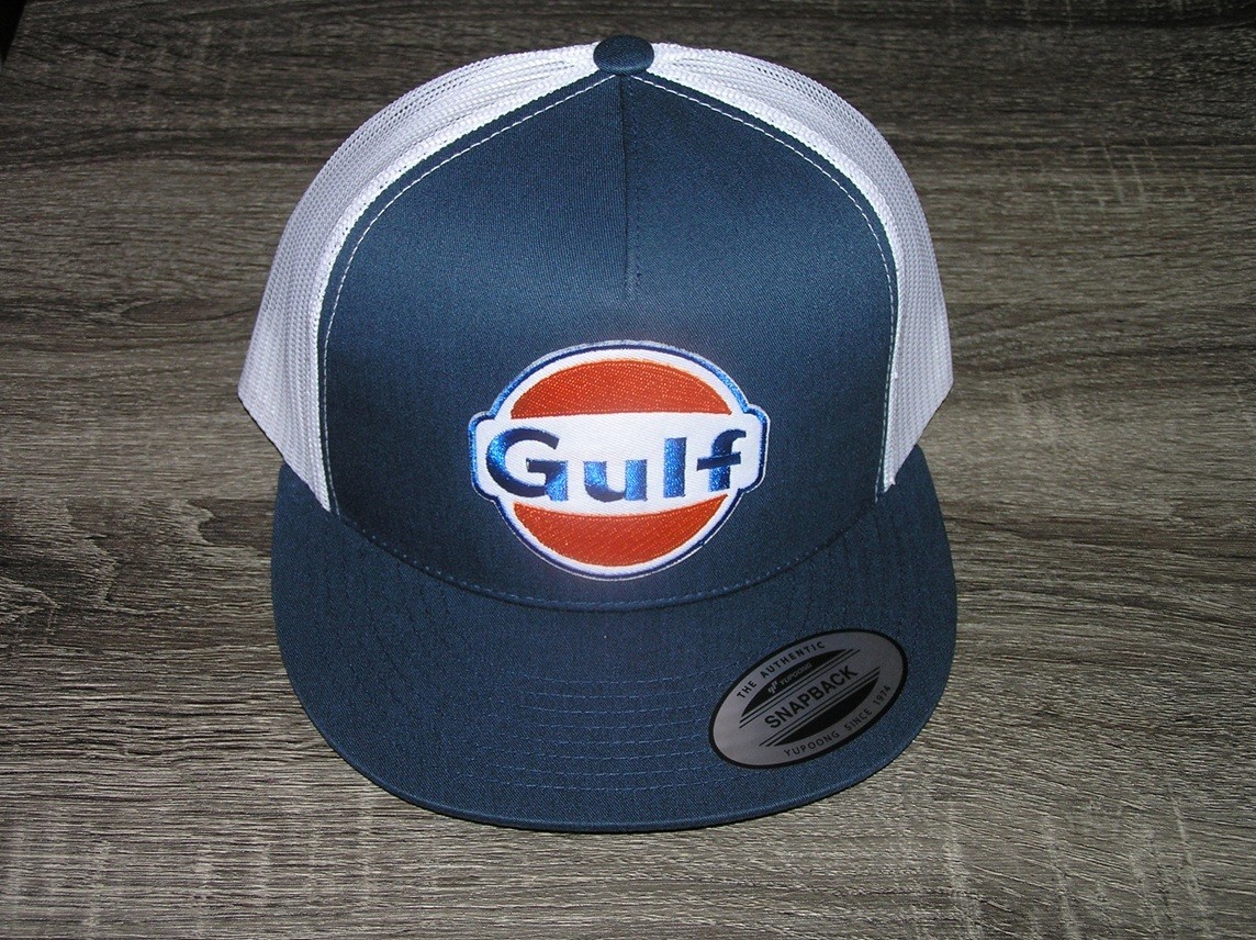 GULF Racing Oil Co Patch on Trucker Hat Yupoong Classic 6006 Snapback Navy/White