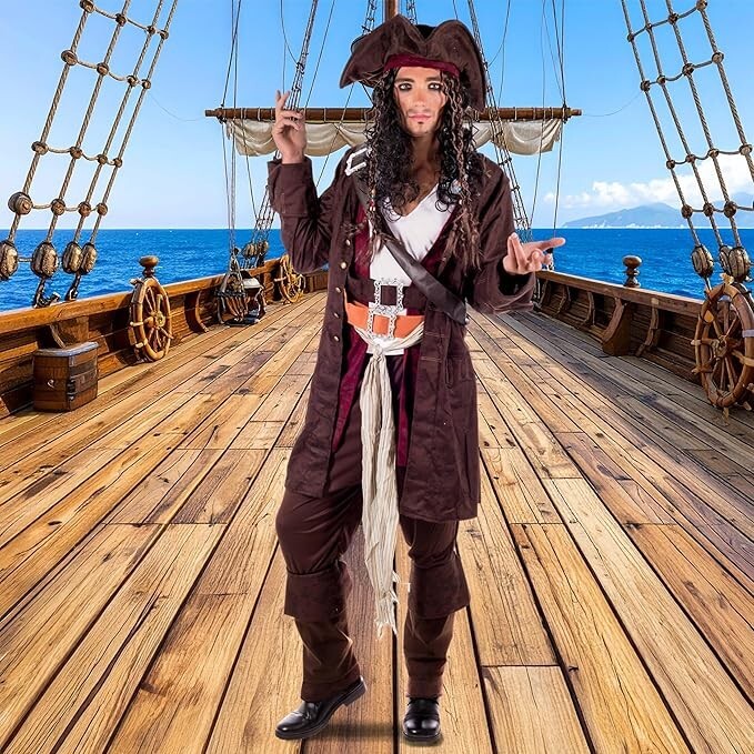Mens Caribbean Pirate Captain Costume + Hat + Wig Movie TV Fancy Dress M L XL