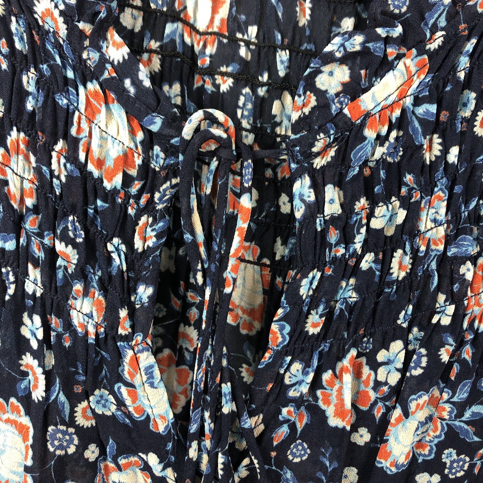 Dear John Top Womens Medium Blue Floral Sheer Smocked Flowy Boho Peasant Cottage