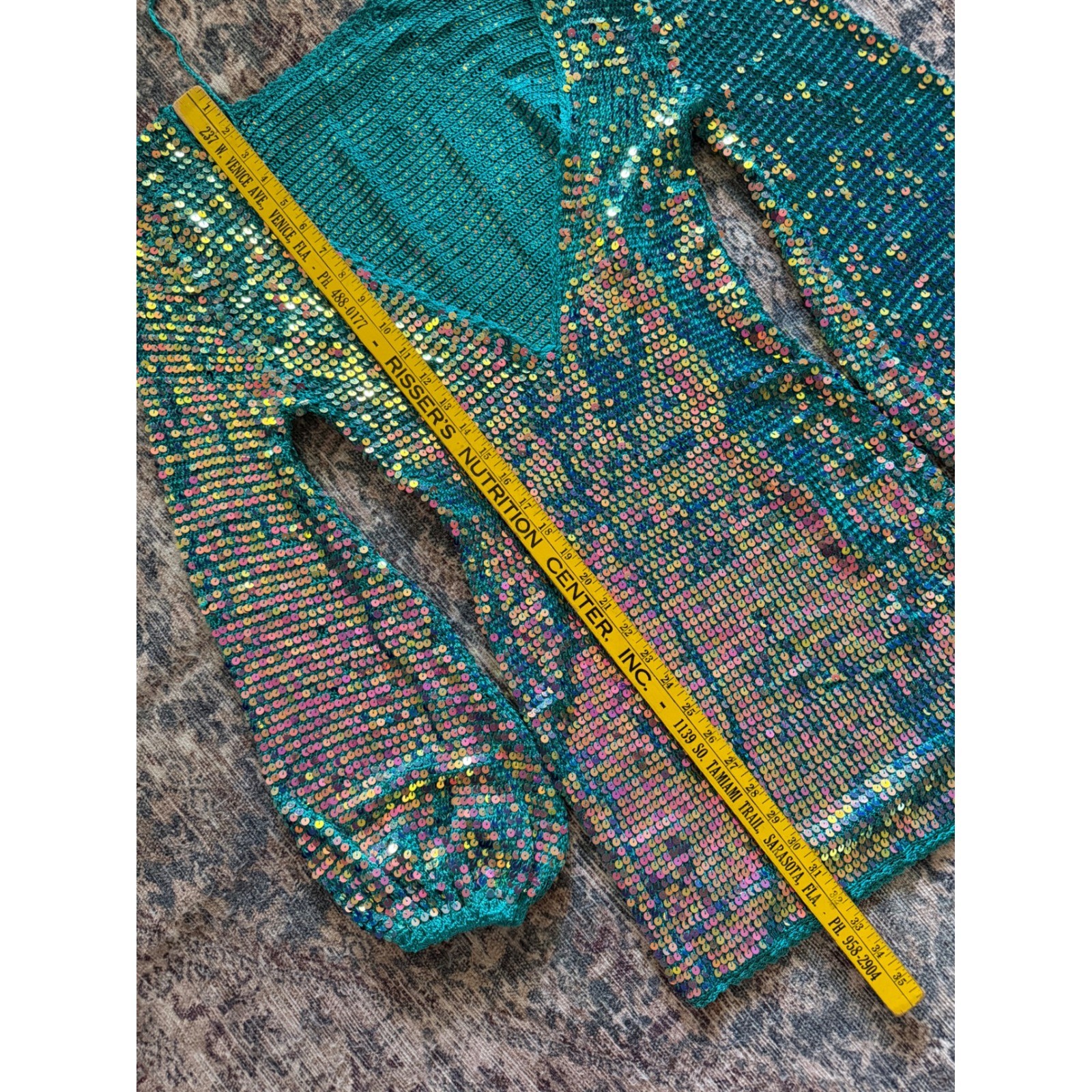 Retrofête Teal Sequin Crochet Mini Dress Open Back Iridescent Green M/L