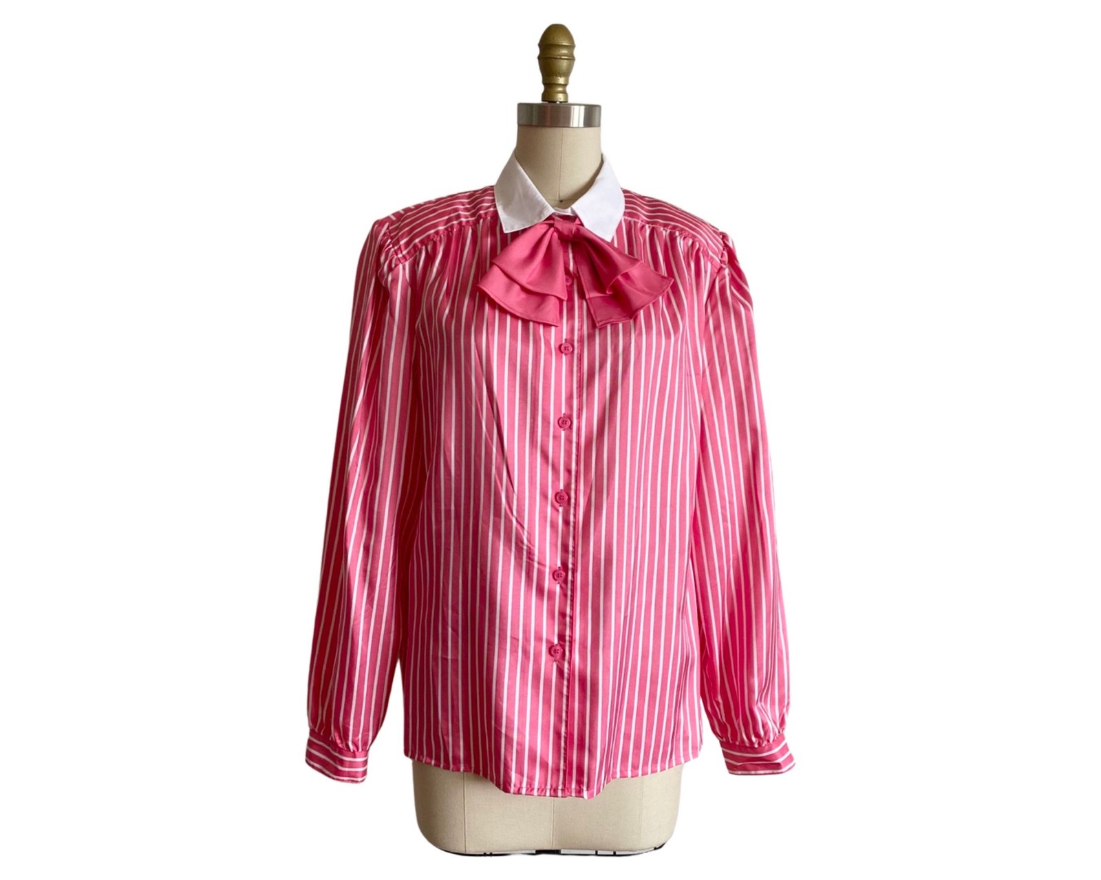 Vintage 1980s Pink Striped Secretary Blouse with Ascot Bow by Pykettes Size L