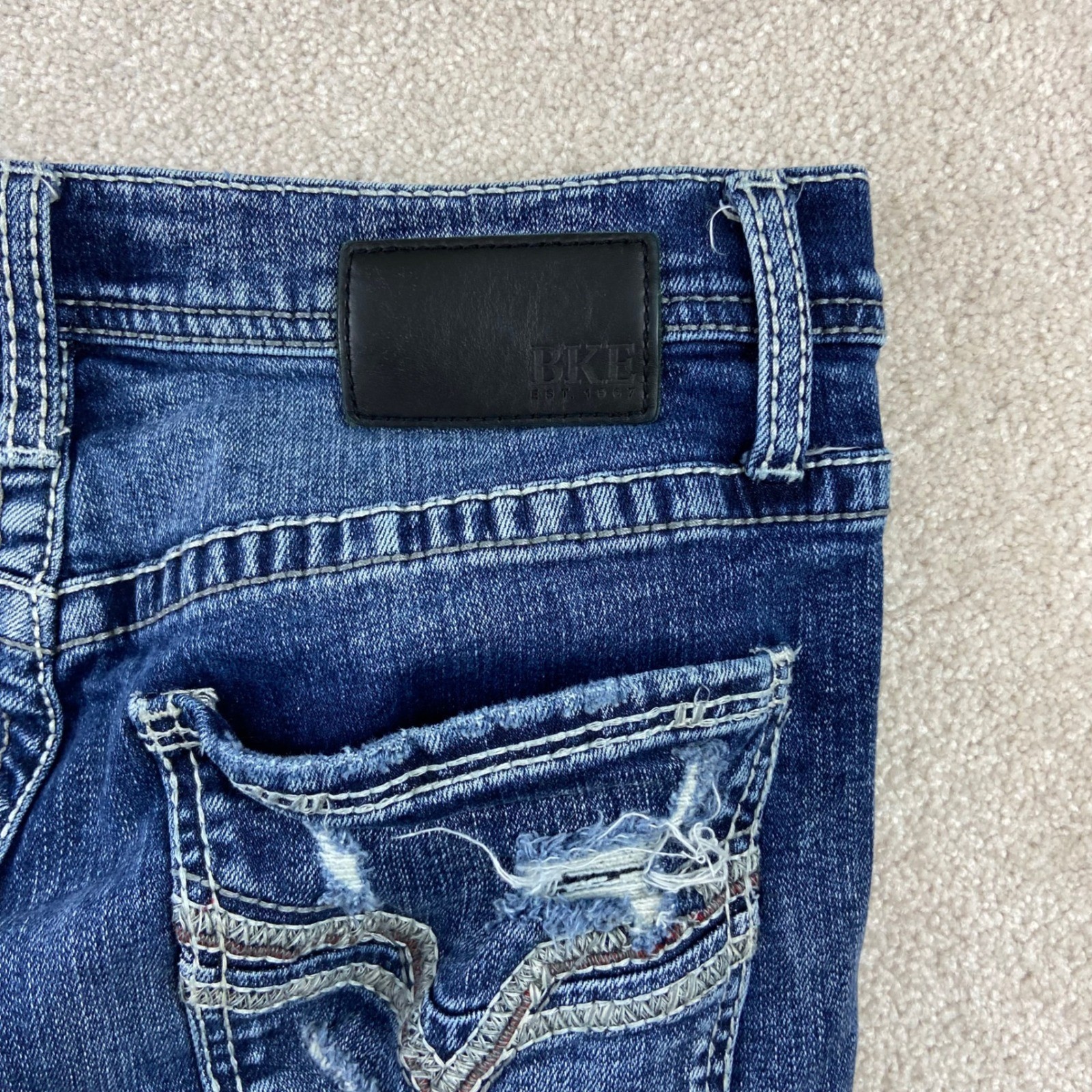 BKE Jake Jeans Mens 32×34 Blue Distressed Bootcut Dark Wash Stretch Denim