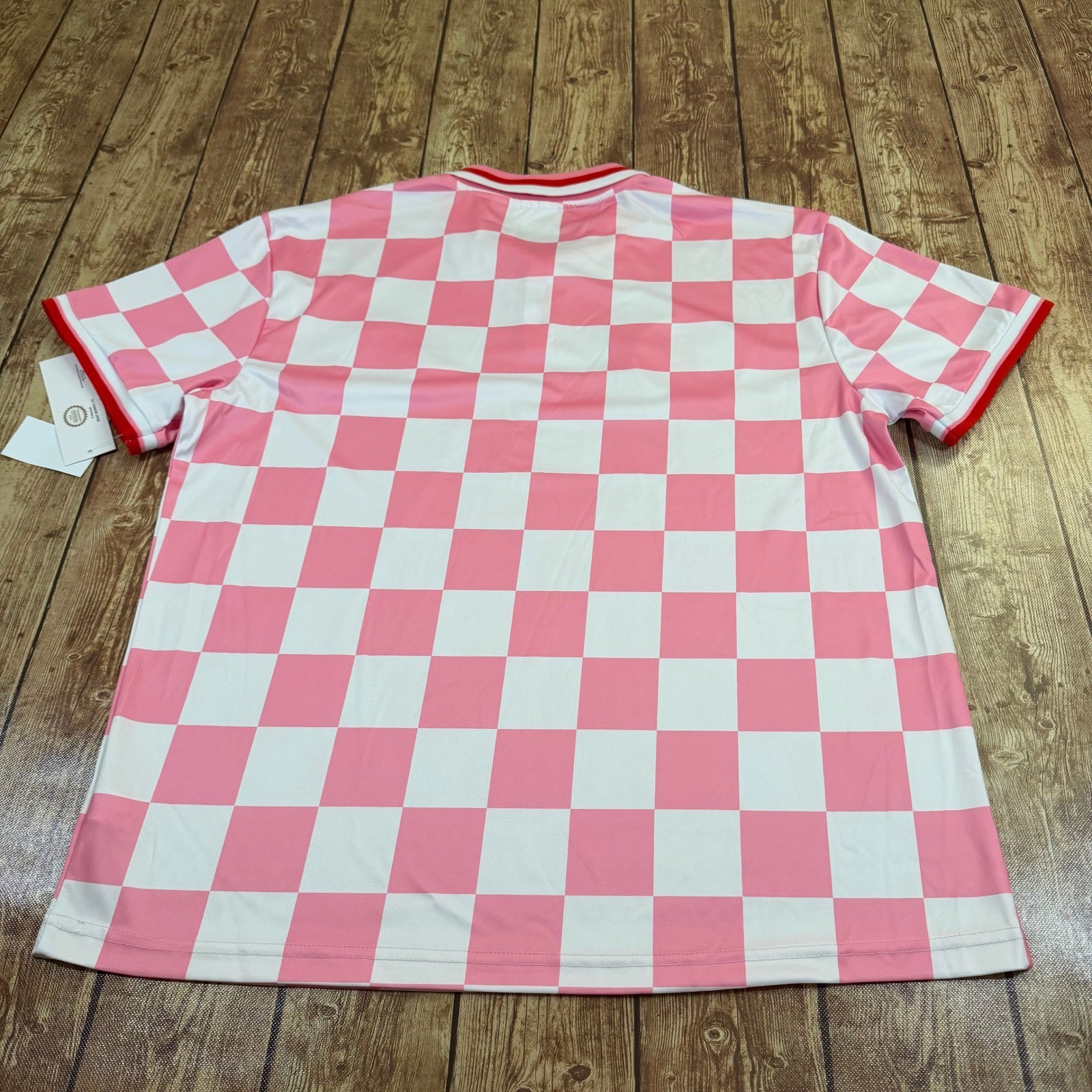 Nintendo Mario Kart Princess Peach Polo Shirt Mens Small Pink Checkered Patch