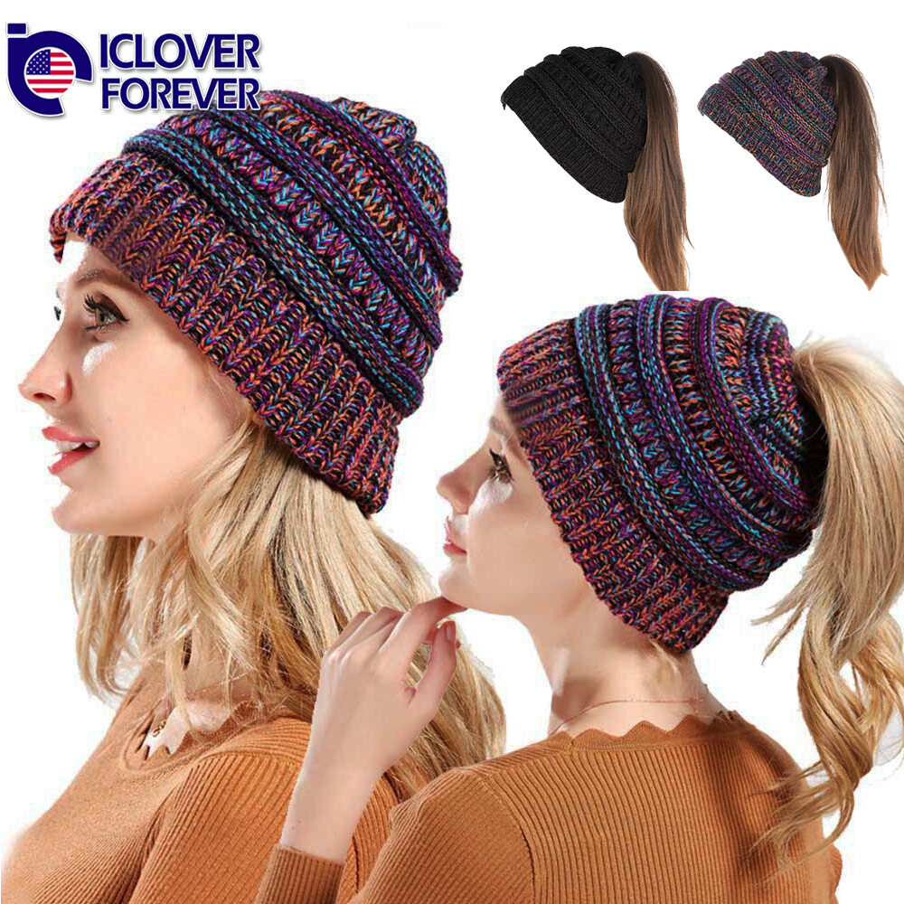 Ponytail Beanie Hat Cable Knit High Messy Bun Warm Winter Women Tail Skull Cap