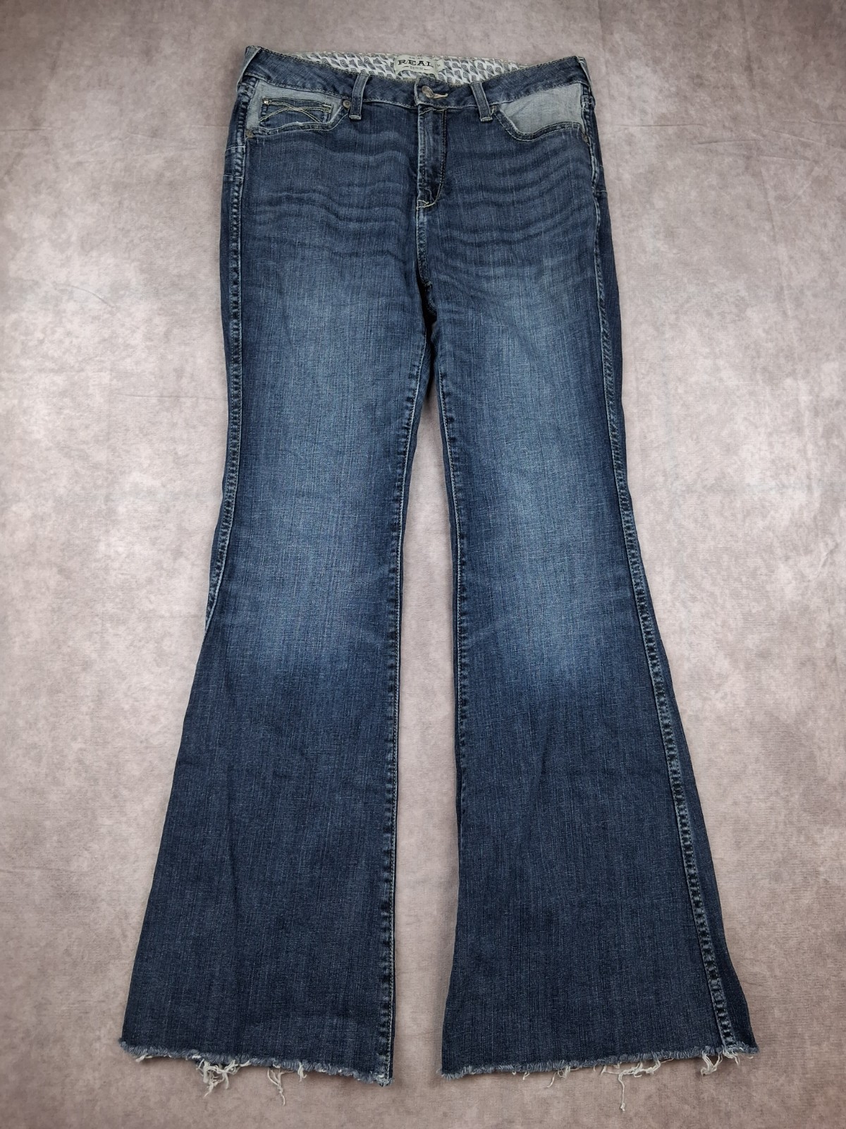 Ariat Real Jeans Womens 31R Blue Flare Leg Raw Hem Mid Rise Western Boot 32″