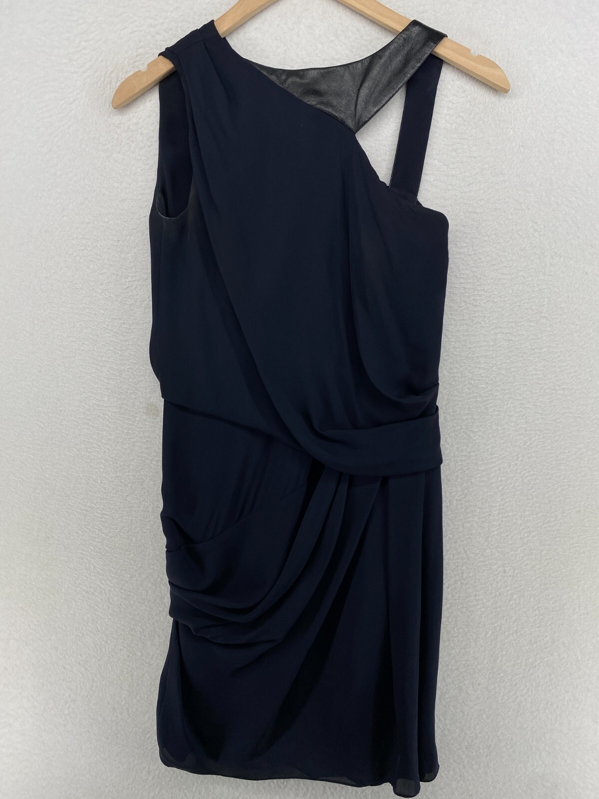 J. MENDEL Dress 6 Sheath Silk Georgette Leather Pleated Sleeveless Navy Blue