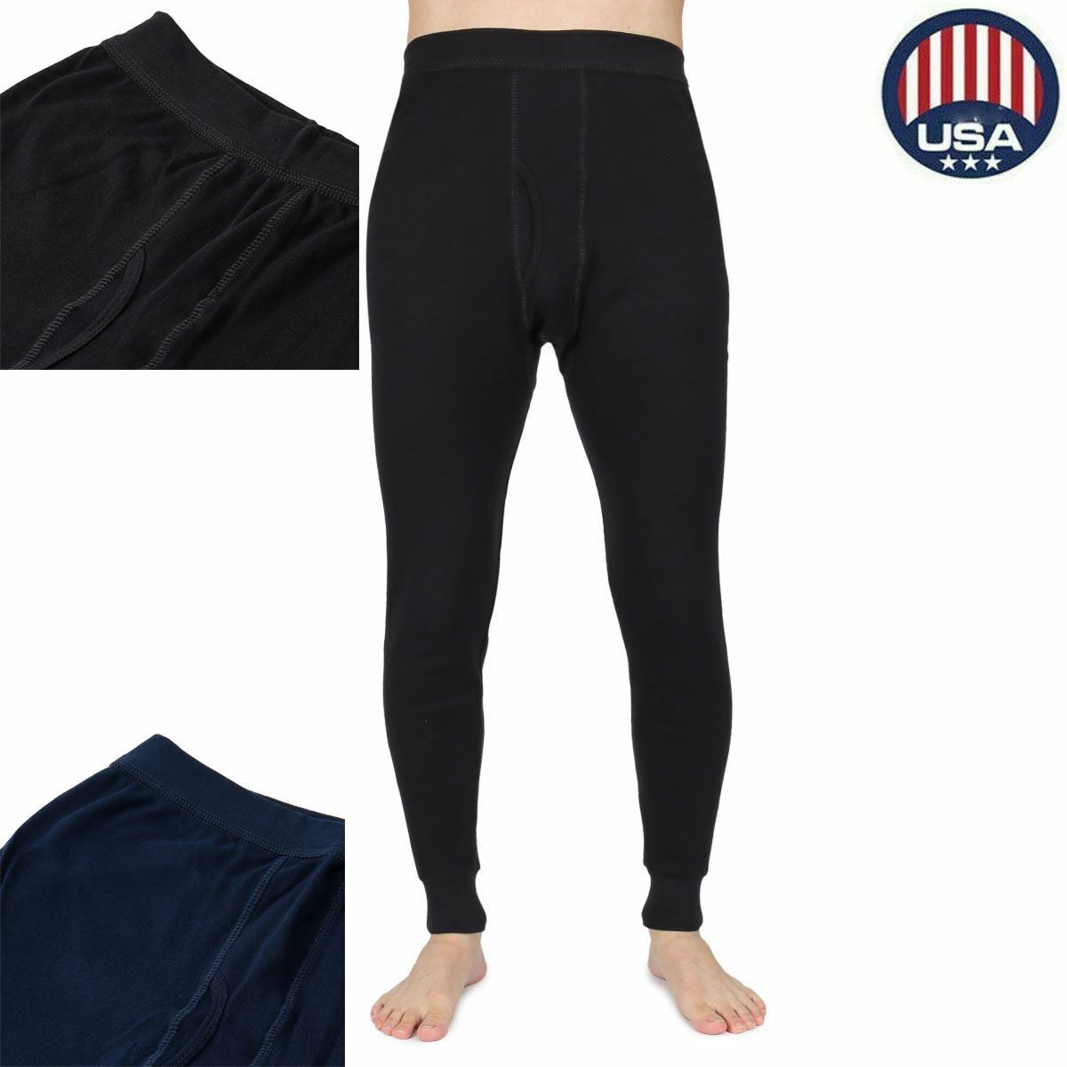100% Cotton Long Johns Bottoms Men Fleece Lined Thermal Underwear Leggings Pants