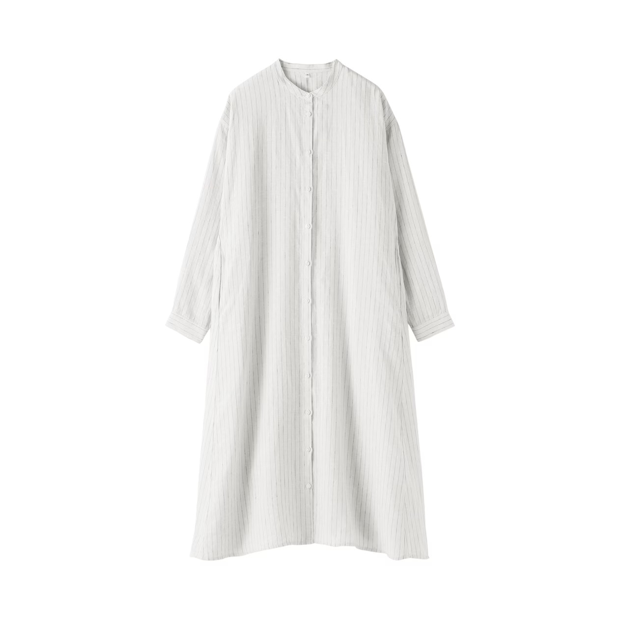 MUJI Womens 100% Linen Washed Long Sleeve Shirt Dress Silver Gray Stripe FedEx