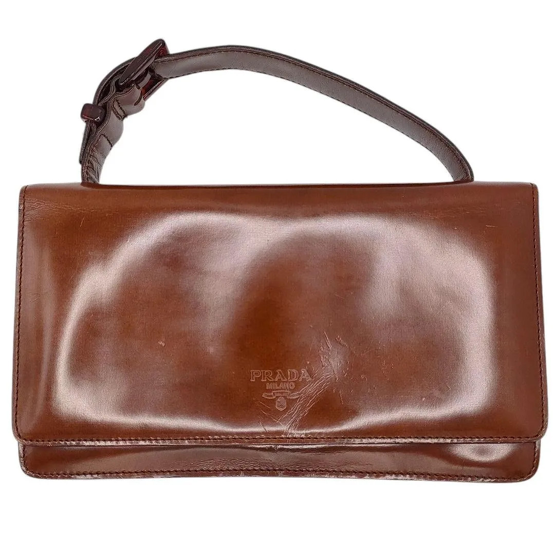 Prada Mini Leather Handbag Brown Tote Bag Purse Triangle Logo 8.6×4.9×2.0in