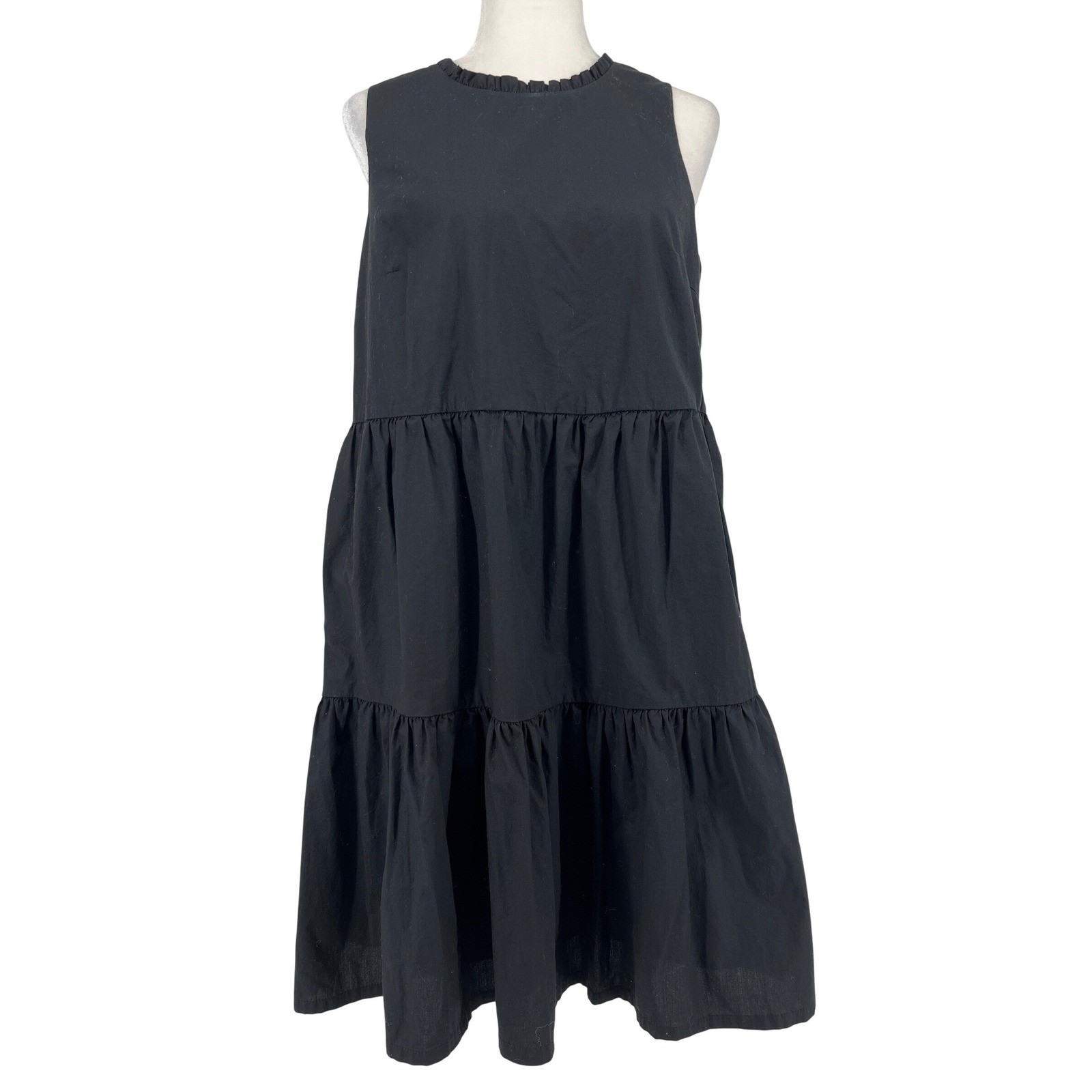 J.Crew Black Tiered Ruffle Neck Sleeveless Midi Dress Size 10 Side Zip Pocket