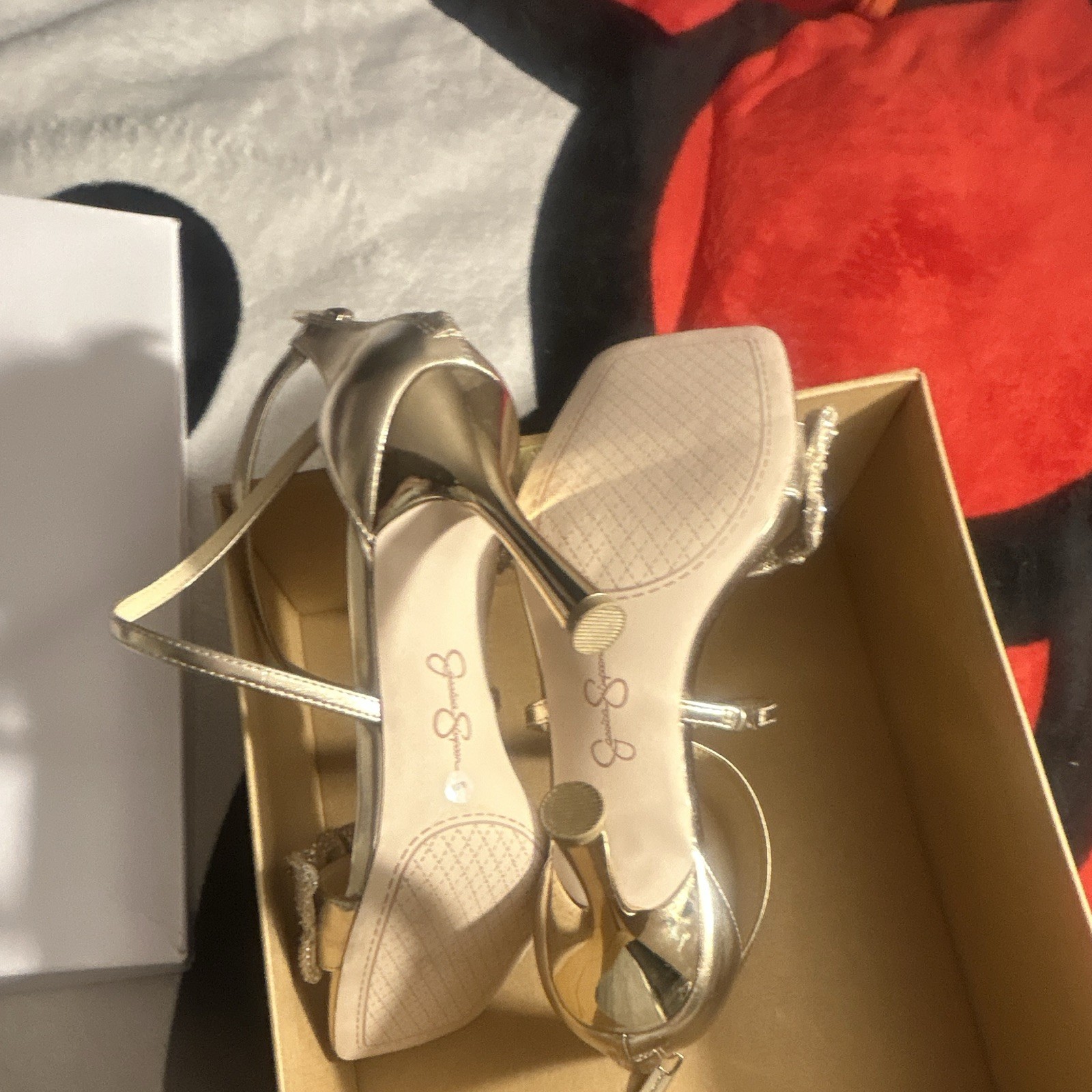 Jessica Simpson Women’s Champagne Fabric Rhinestone Ruffle Strappy Heel US 8.5M