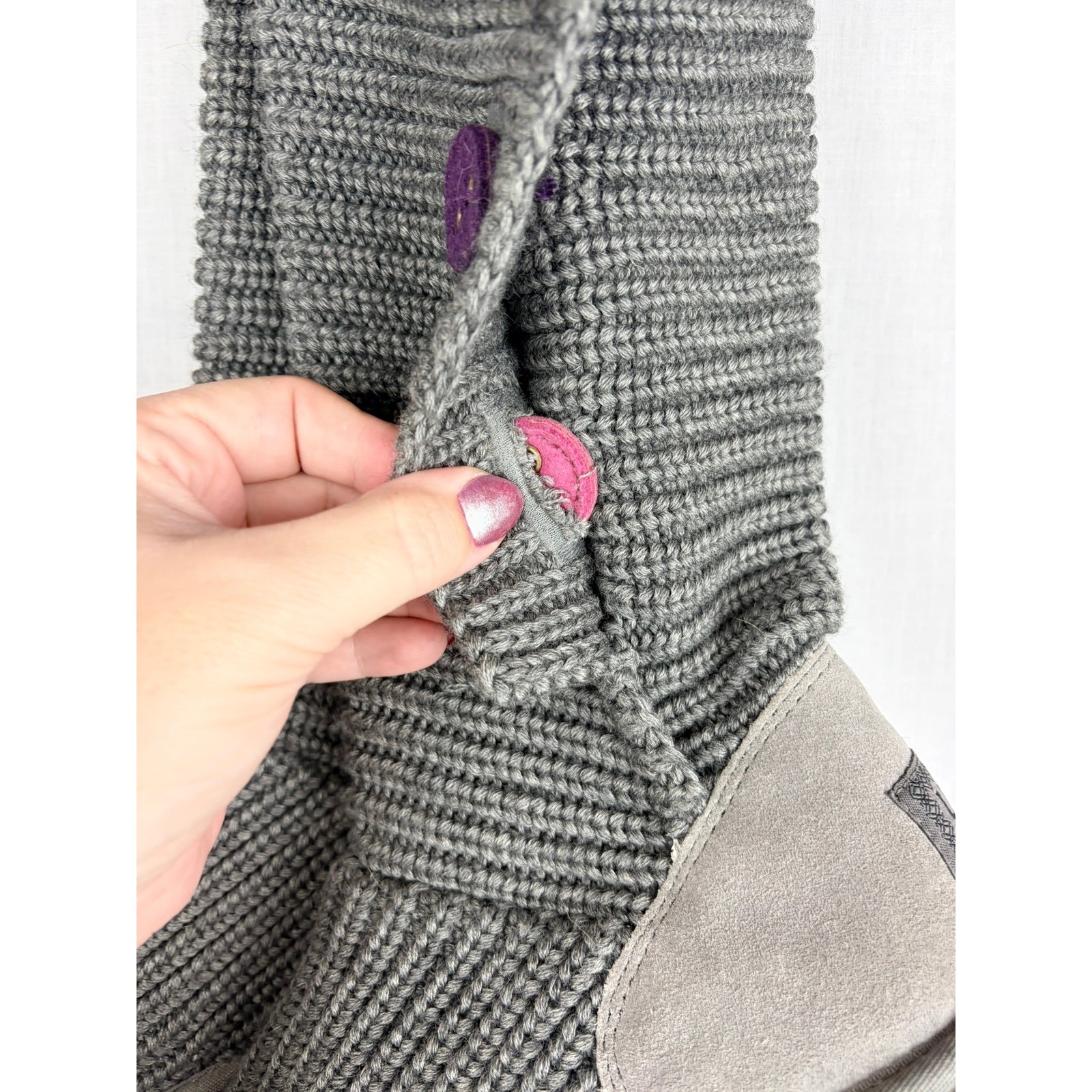 UGG Australia Womens 6 Grey Knit Tall Colorful Buttons Suede Flat Grey Boots