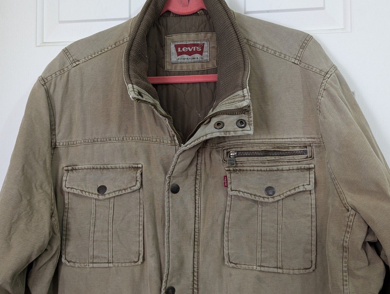 Levis Utility Jacket Mens XXL Beige Canvas Zip Snap Quilted Lined Distressed