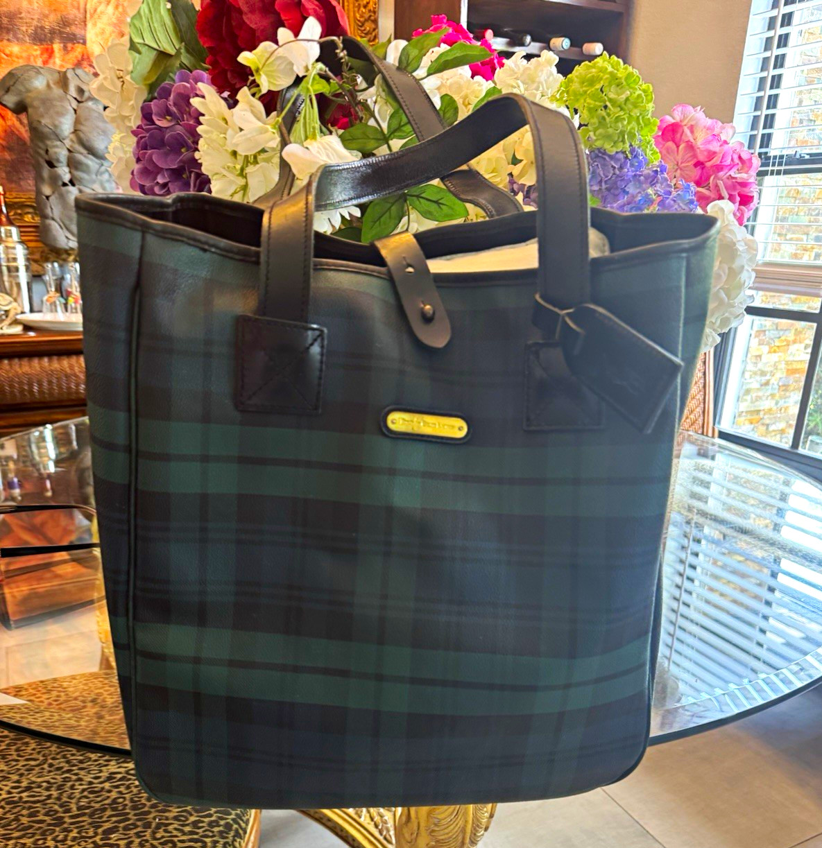 Polo Ralph Lauren Green/Black Plaid Tote Bag Lined Inner Pockets Double Handles