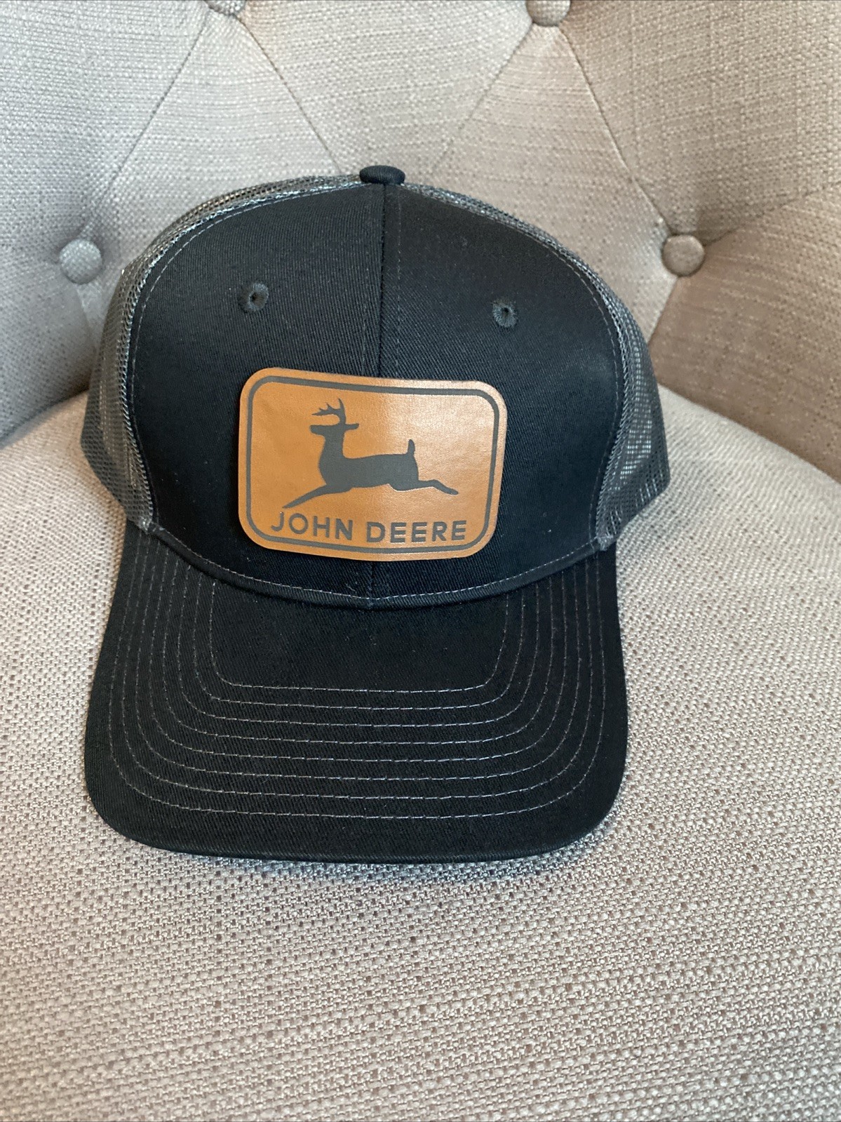 John Deere Leather patch on Black Grey Snapback Trucker Hat Cap