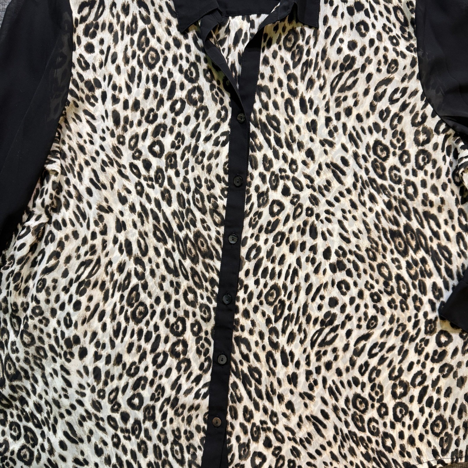 Chico’s Leopard Print Button Down Sheer Blouse Black Long Sleeve Women’s XL (3)