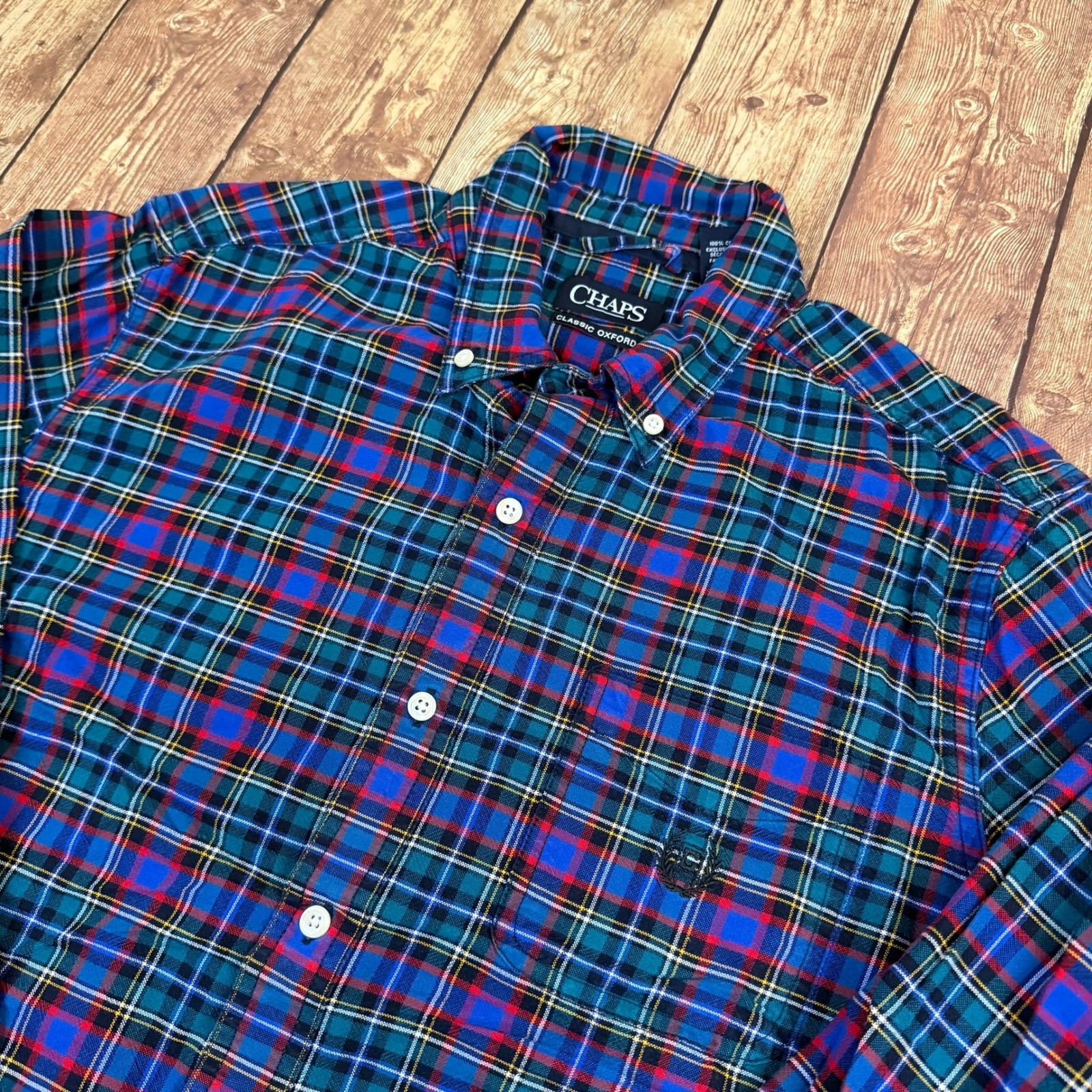 Chaps Classic Oxford Button Up Shirt Mens Medium Multicolor Plaid Cotton