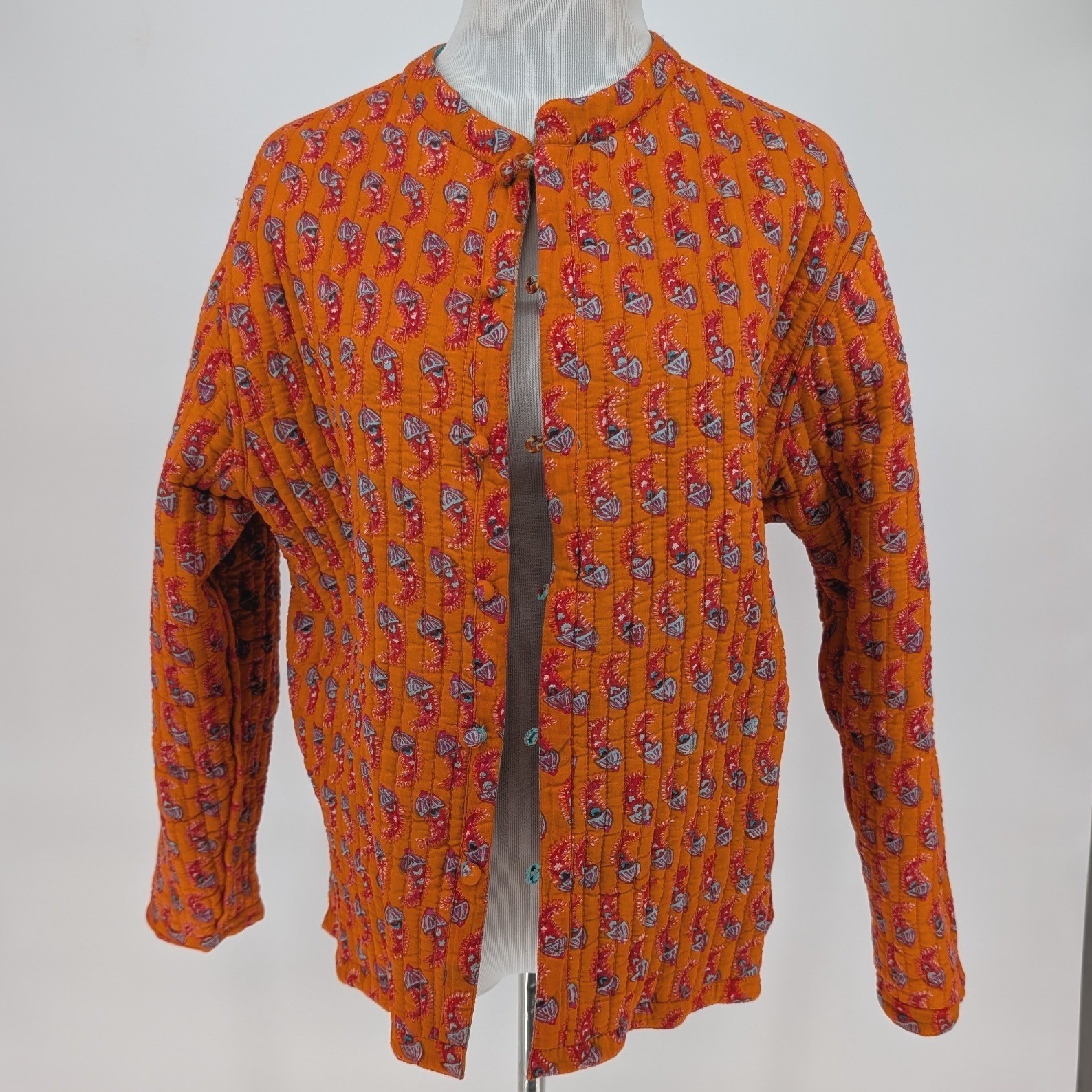Reversible Quilted Jacket Wmns M Blue Orange Paisley Floral Boho Cottage Artisan