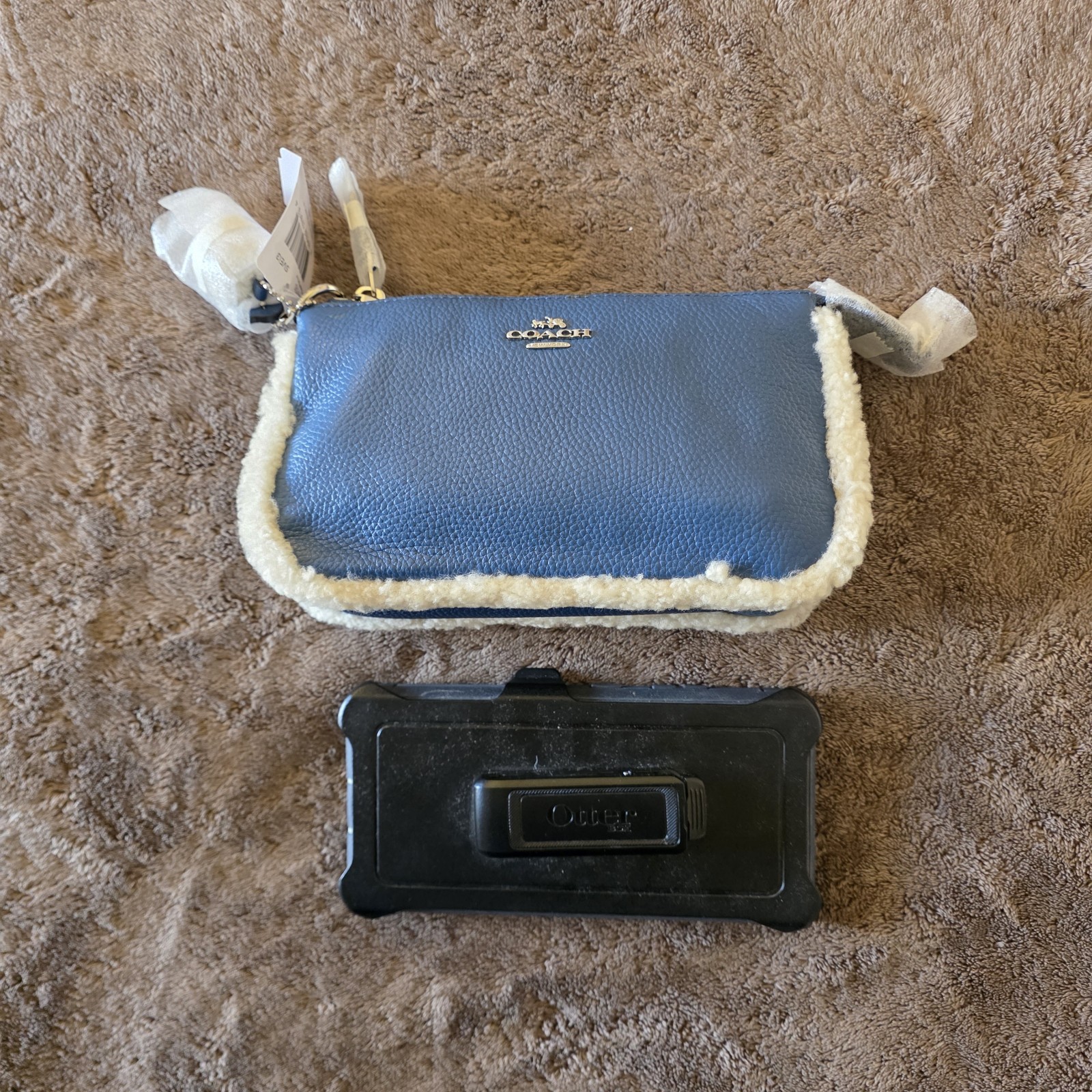 Coach Nolita 19 Shearling Blue Pebble Leather Wristlet Chain Bag NWT