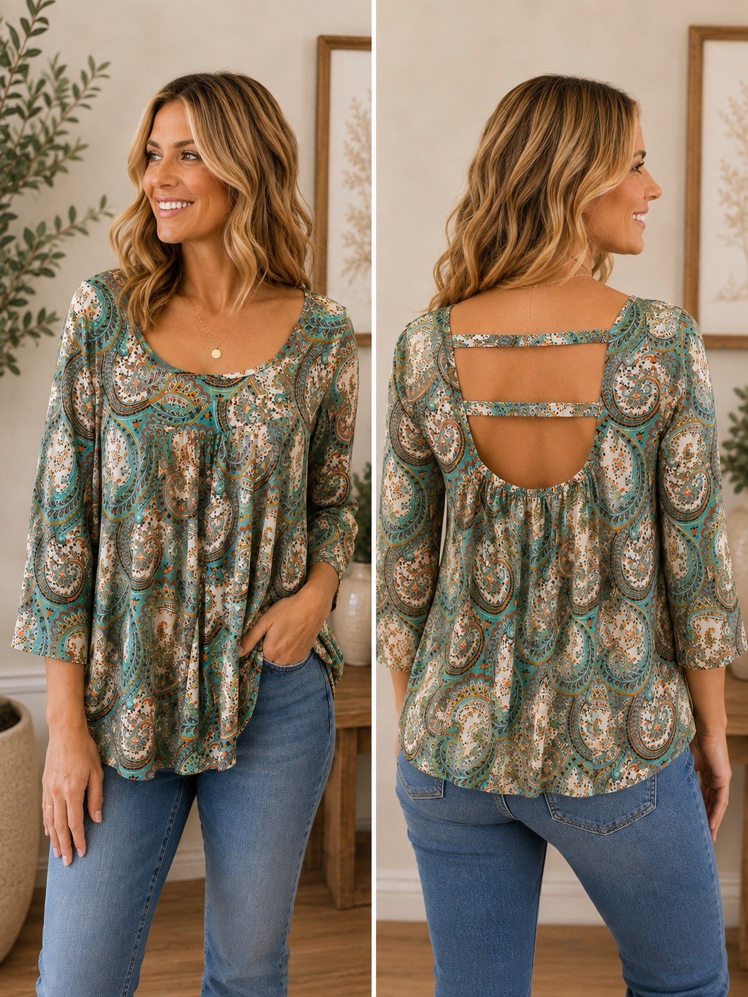 Altar’d State Paisley Open Back Double Strap Blouse Size Large