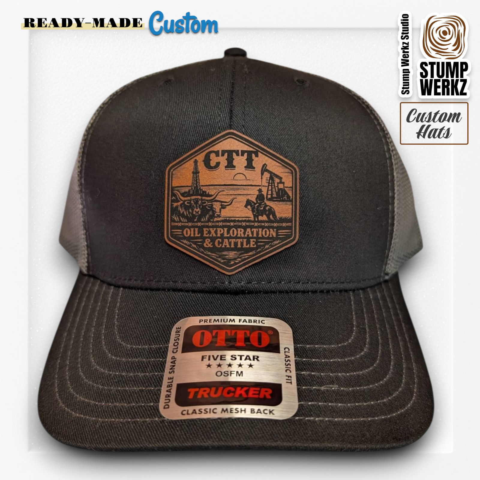 Custom Hat Trucker Baseball Cap Leather Patch CTT Oil Exploration & Cattle Texas