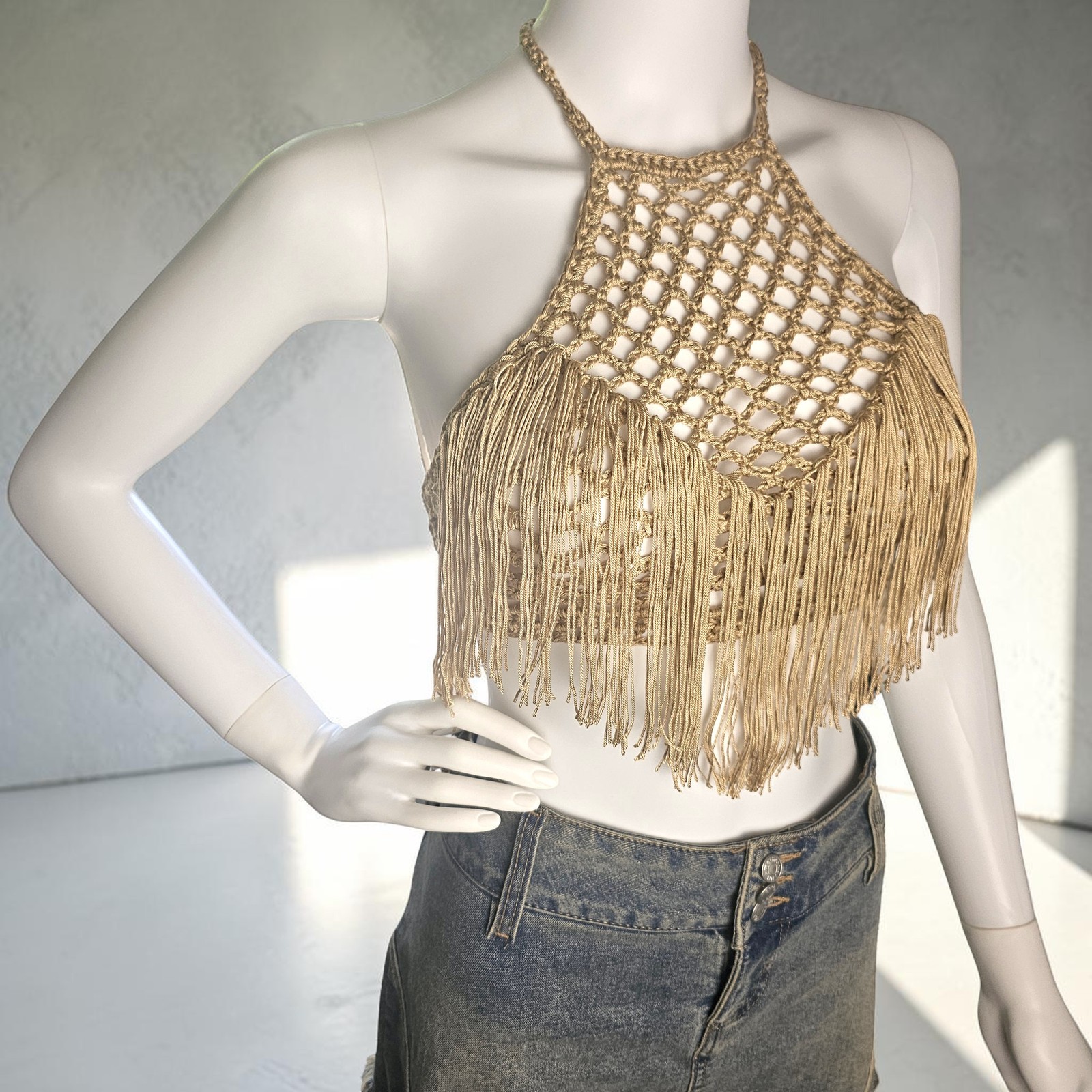 Handmade Crochet Halter Top Gold Small Fringe Boho Festival Sleeveless