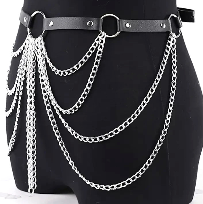 Women PU Leather O-Ring Restraint Strap Draped Harness Belt Chain Waist to32 in