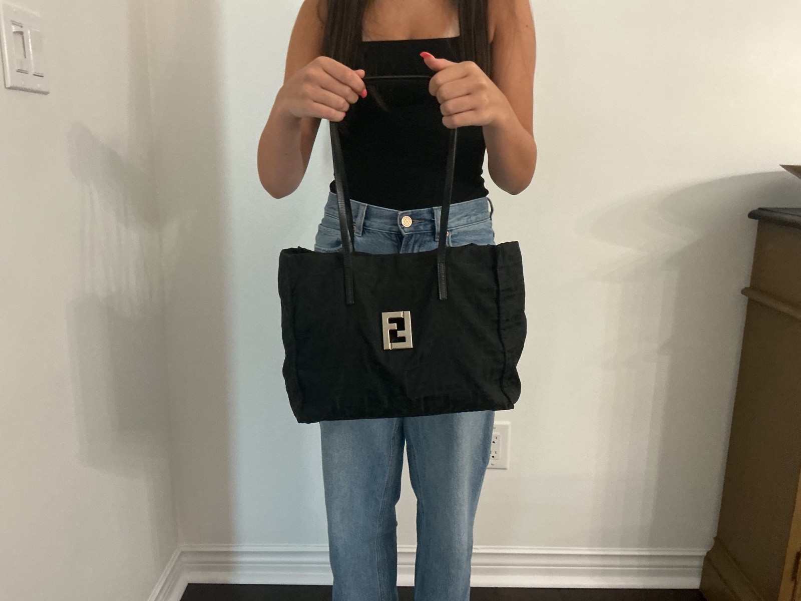 Authentic Vintage Fendi Black Zucca FF Canvas Tote Shoulder Bag Italy w/Dust Bag