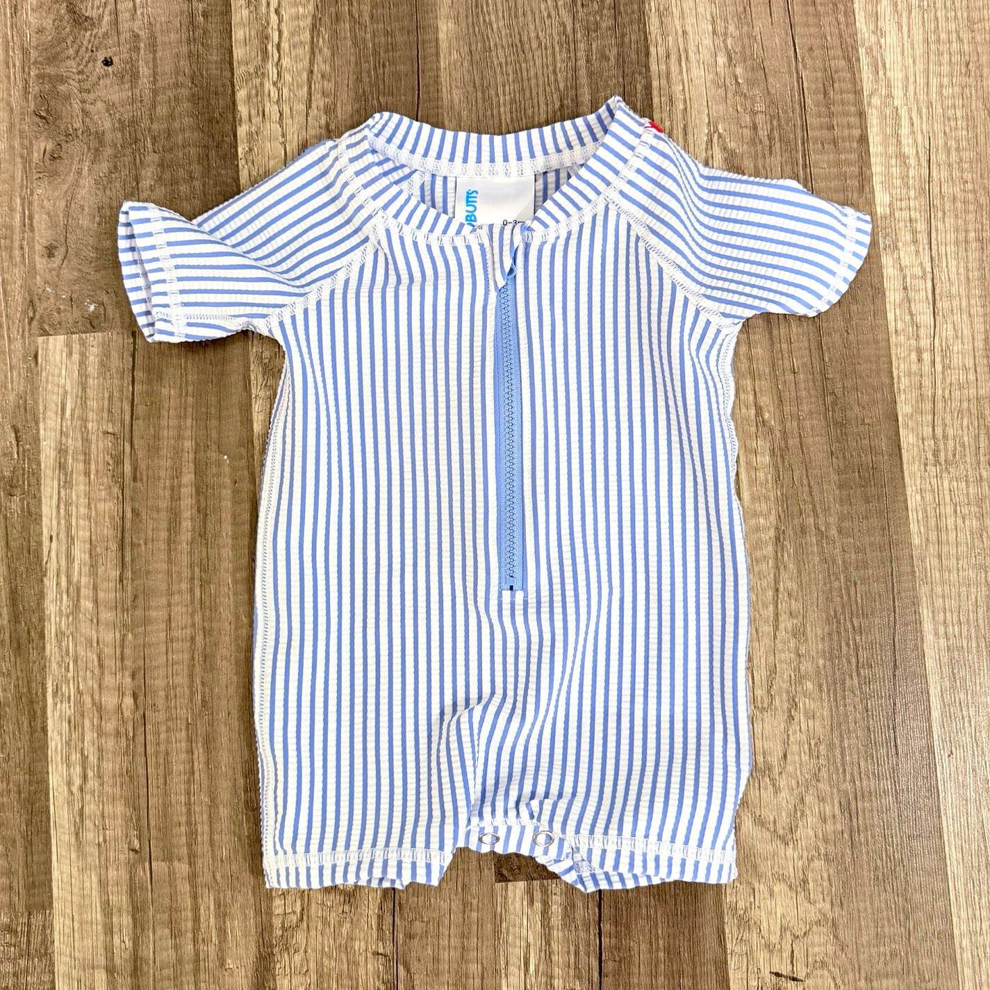 RUGGEDBUTTS Blue/White Striped Short Sleeve Zip Romper swimsuit One-Piece 0-3M