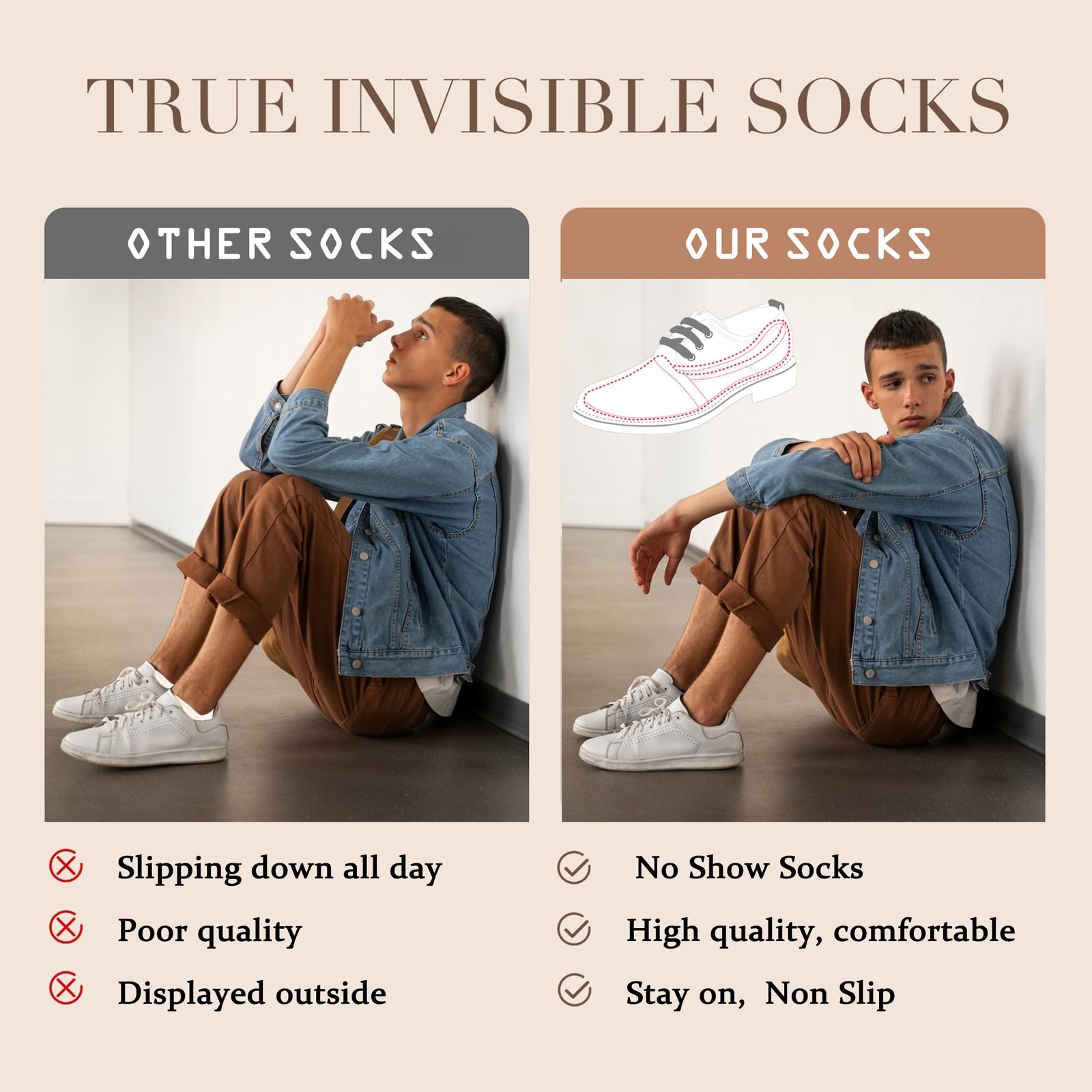 4 Pack Mens No Show Socks Thin Non Slip Low Cut Liner Socks Invisible for Flats