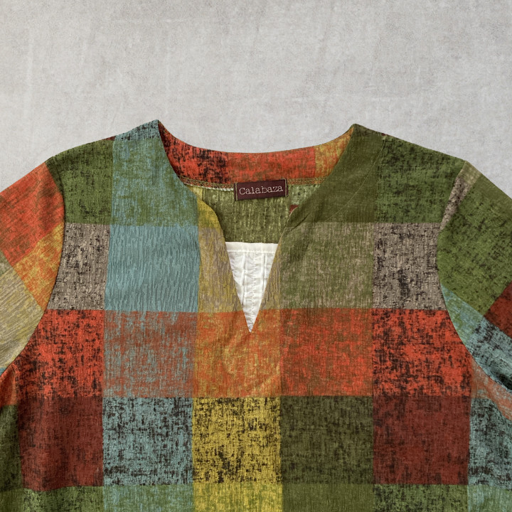 Boho Patchwork Style Plaid Tunic Top 3/4 Sleeve Key Neck Multi Color Loose Fit