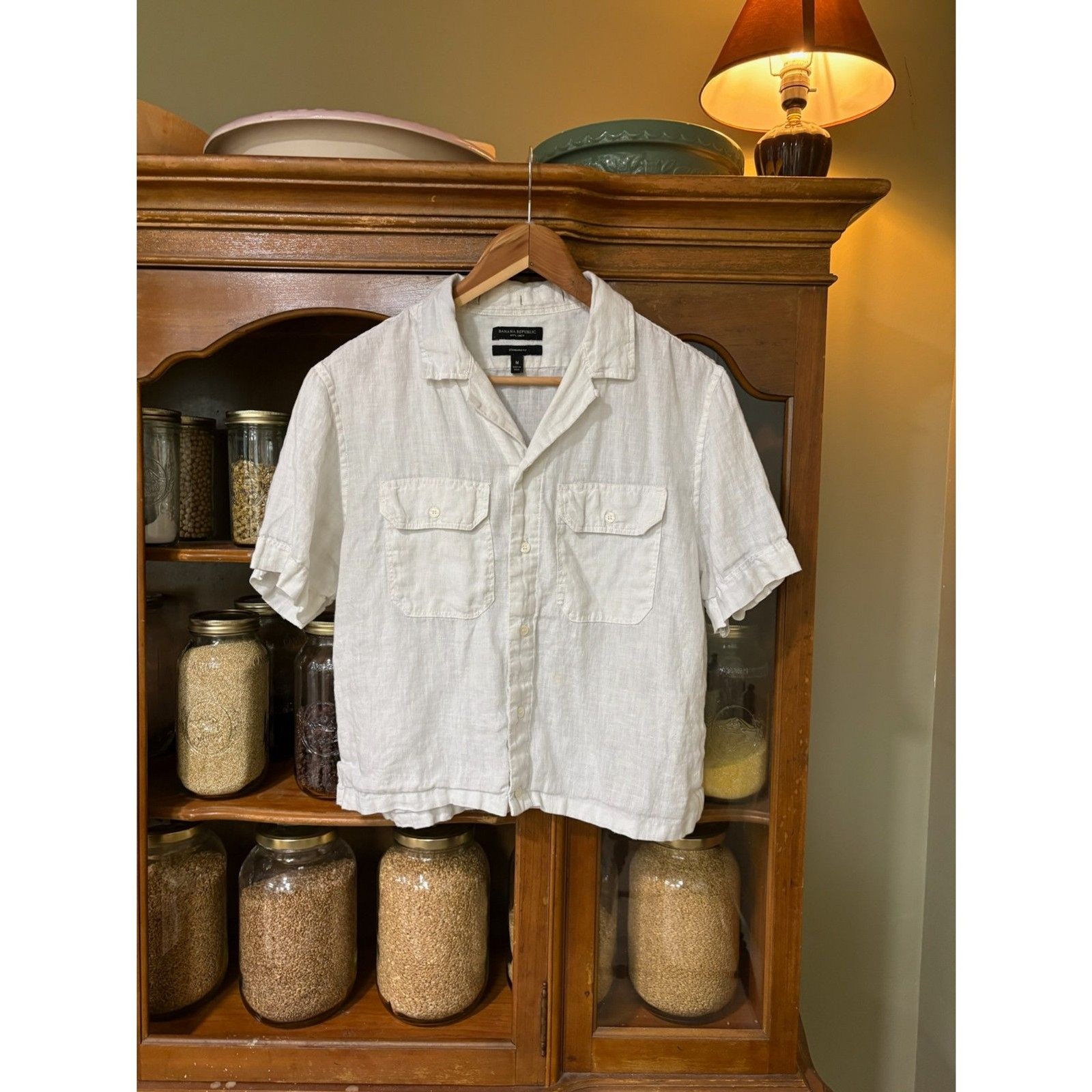 Banana Republic White Linen Camp Collar Shirt Medium