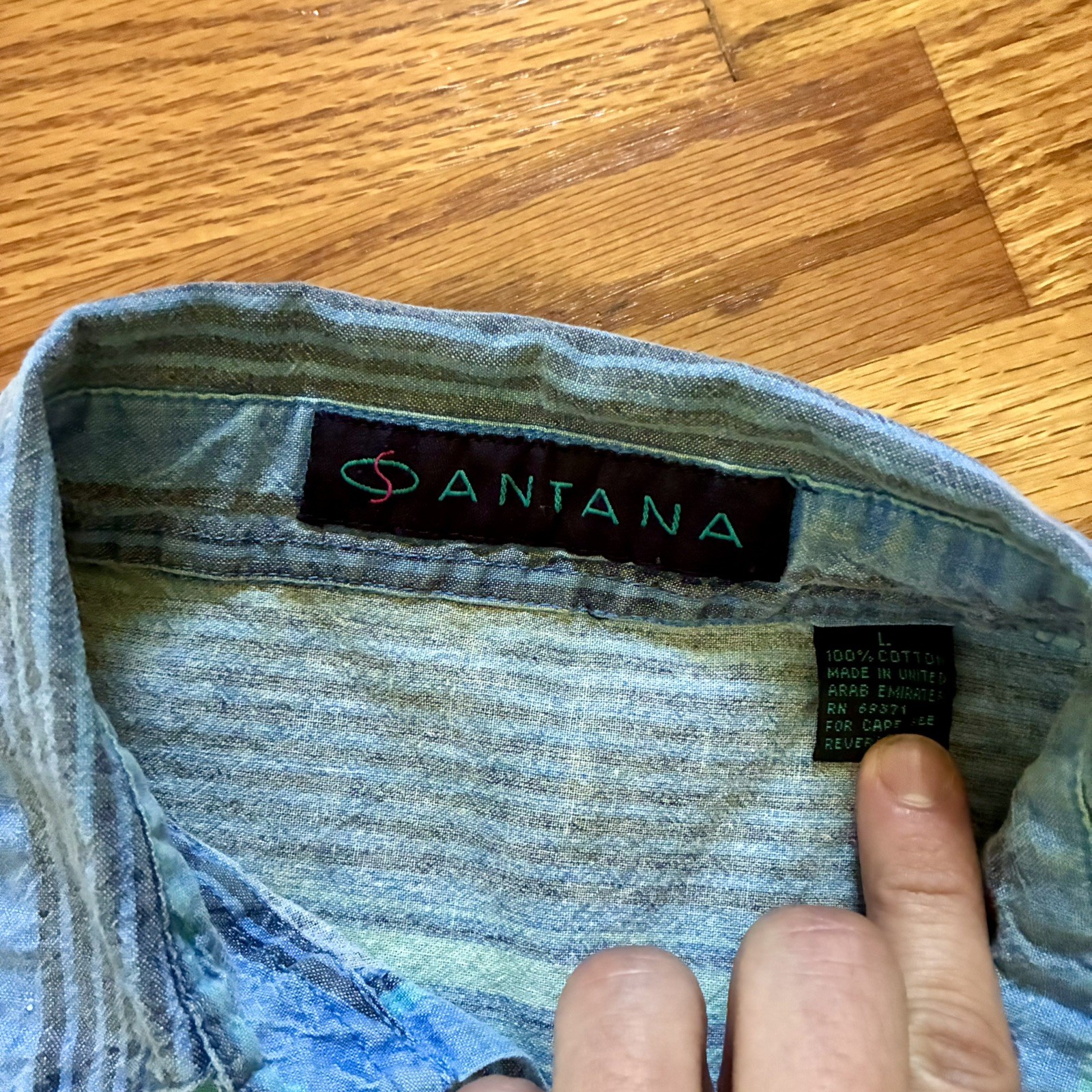VINTAGE 90s Santana Blue Striped Short-Sleeve Button-Up Shirt Size Large