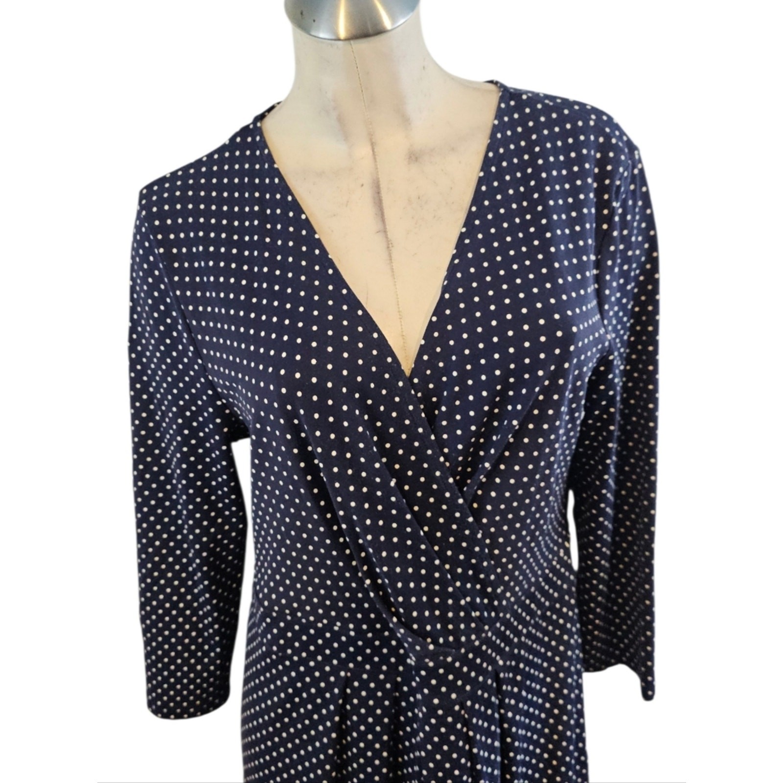 Talbots Size 14 Navy Polka Dot Mock Wrap Midi Dress