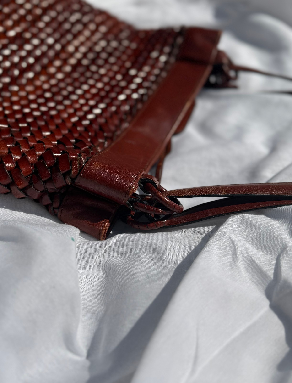 Vintage Etienne Aigner Medium Woven Leather Bucket Shoulder Bag Oxblood Brown