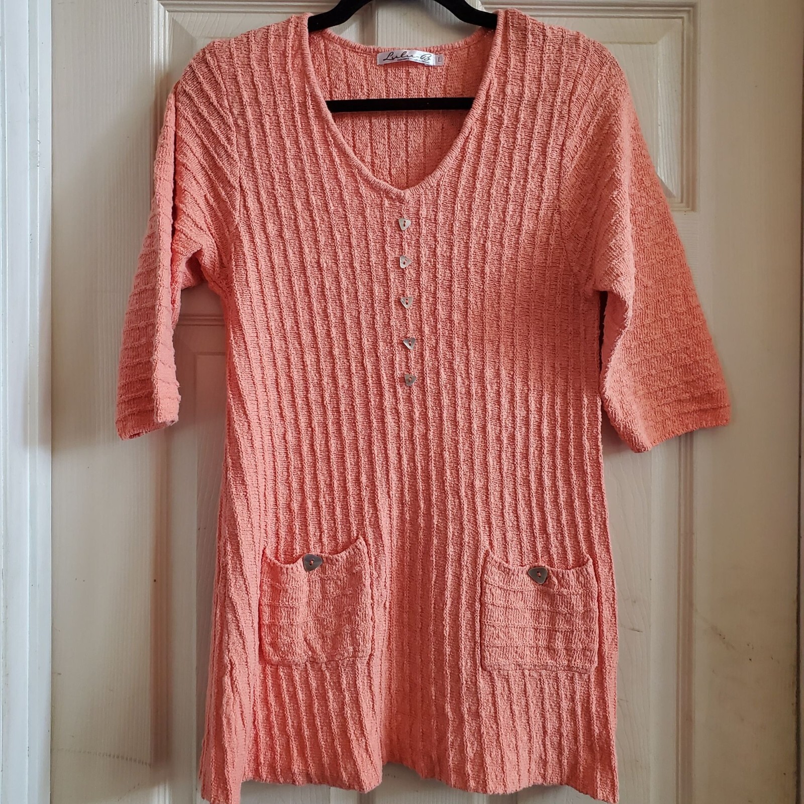 Vtg Lulu B Sweater Top L 100% Cotton Peach Shell Buttons, Pockets Cool Comfy Joy