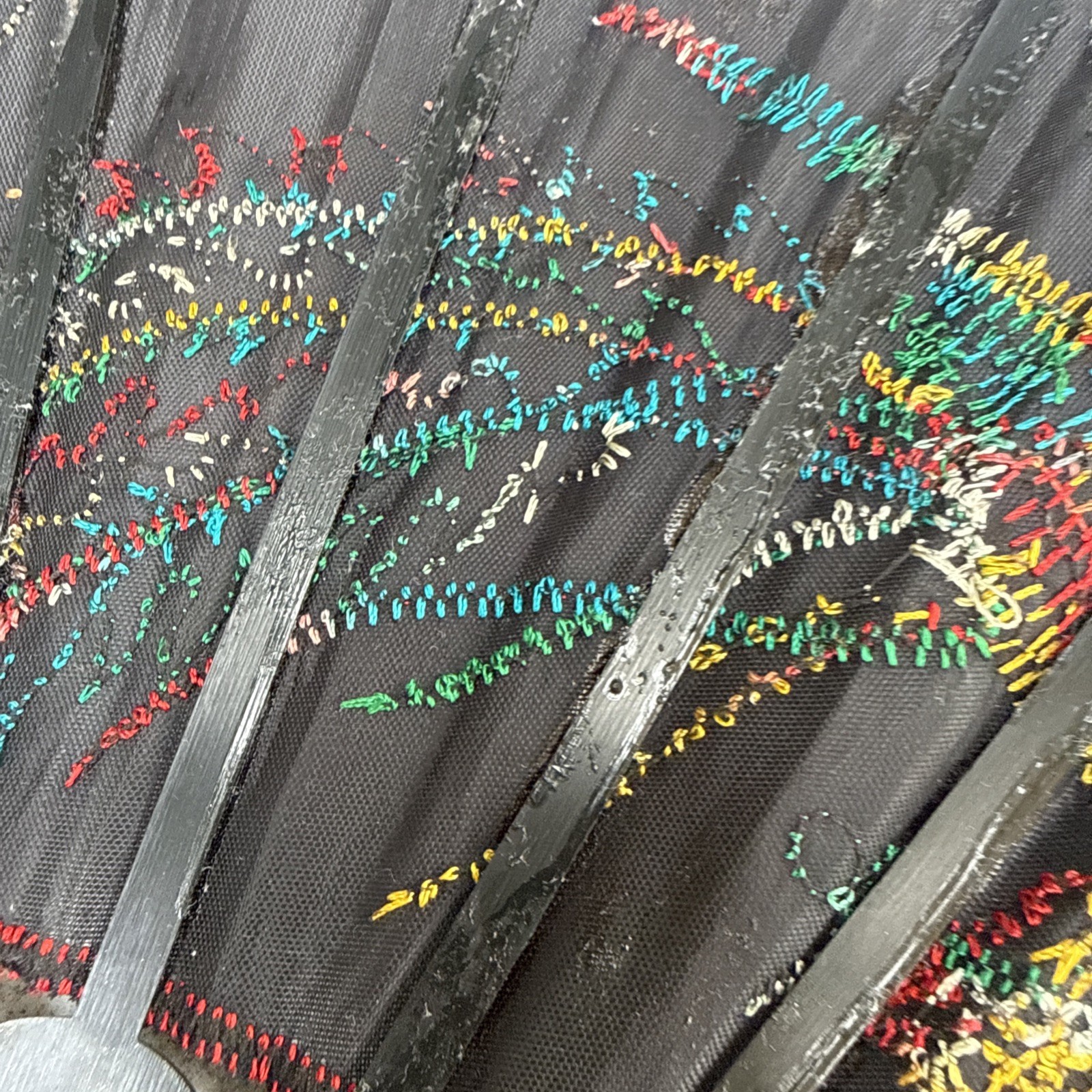 Victorian Style Multicolor Floral Hand Fan Black Lace Trim Fabric Plastic