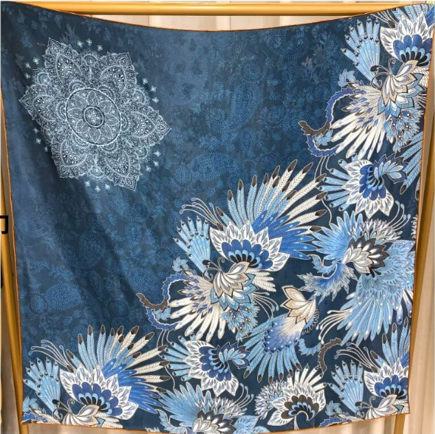 19 Momme jacquard Silk Scarf Hualuo Square Bandana Blue bird Print Shawl 42”