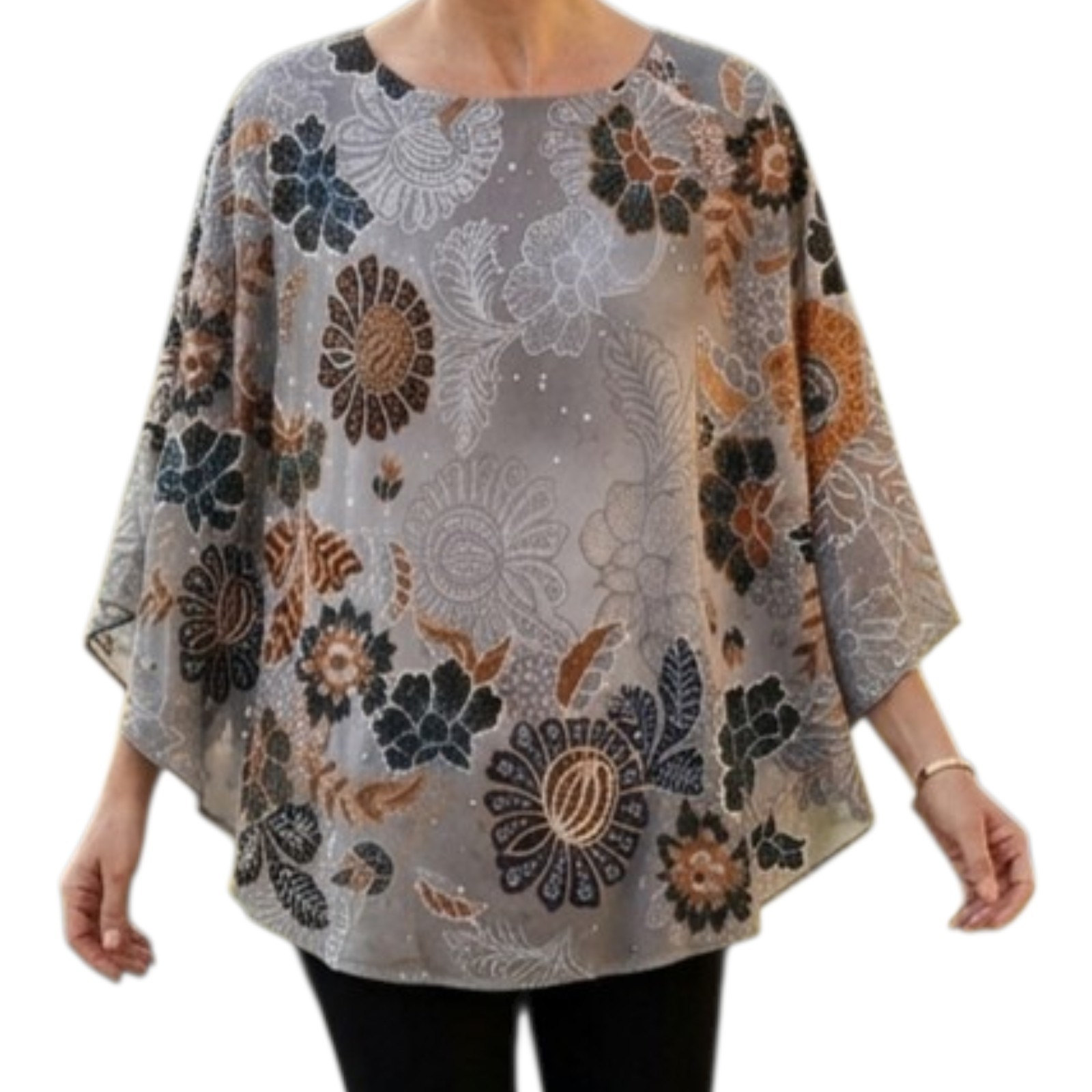 Bob Mackie Wearable Art Batwing Poncho Tunic Floral Sequined Art To Wear NWT Lg