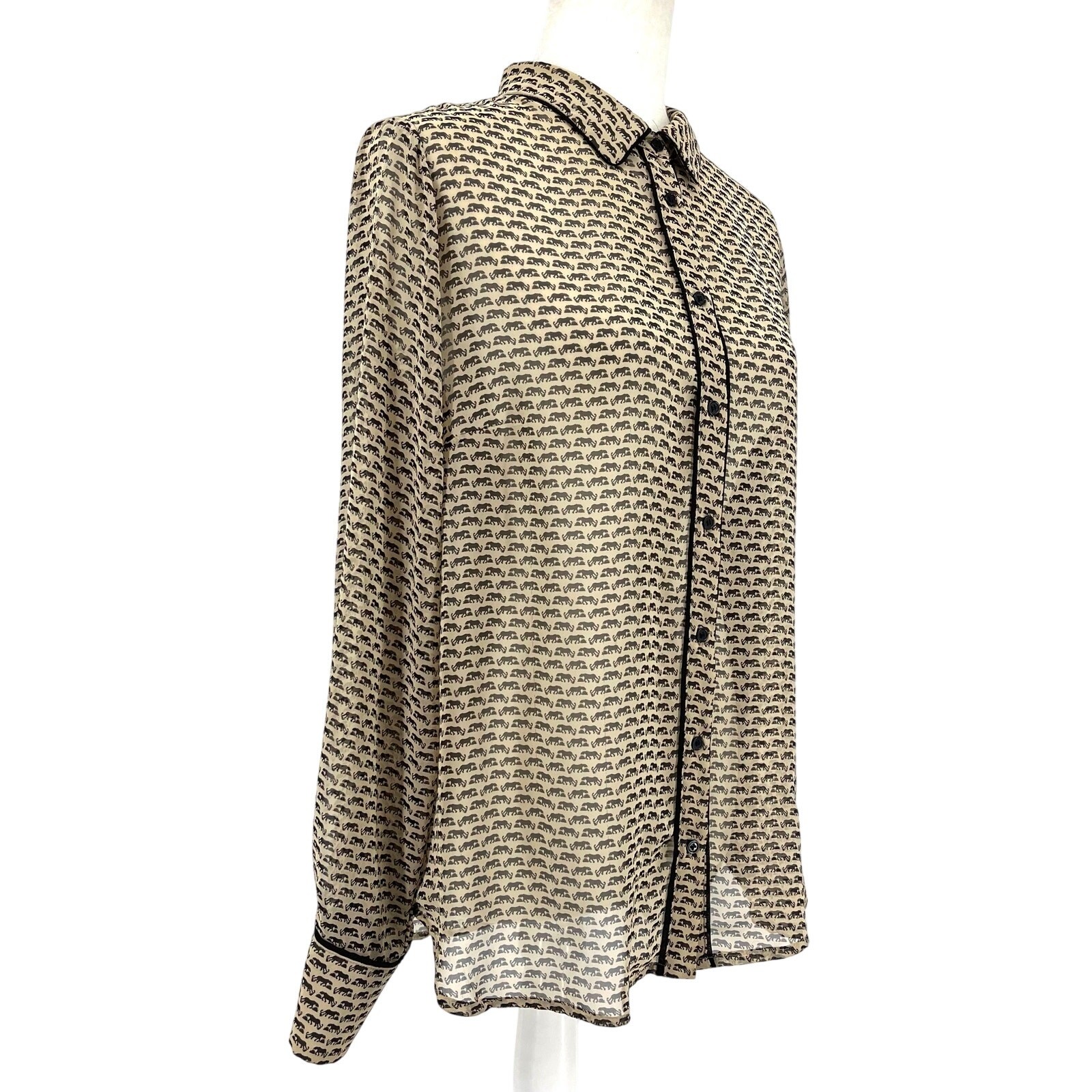 Pleione Beige Elephant Print Collared Button Front Sheer Chiffon Blouse Size L