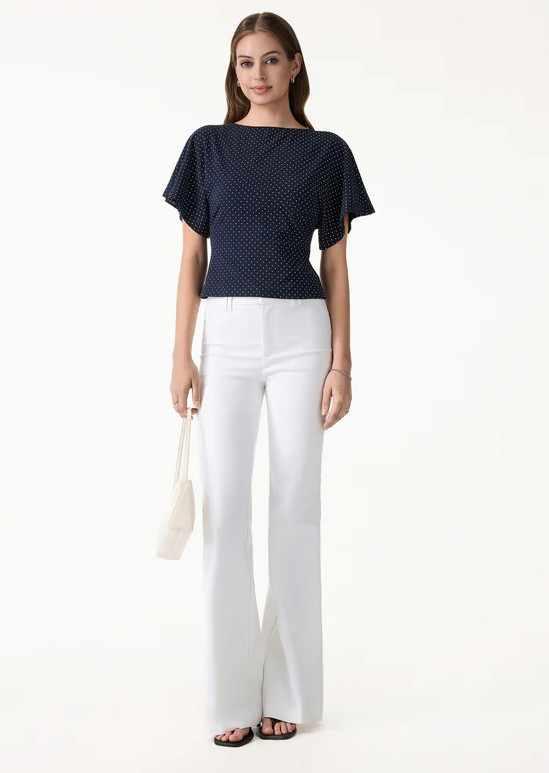 Soft Stretch Cotton Boatneck Flutter Sleeves Polka Dot Top Limited Edition, Red