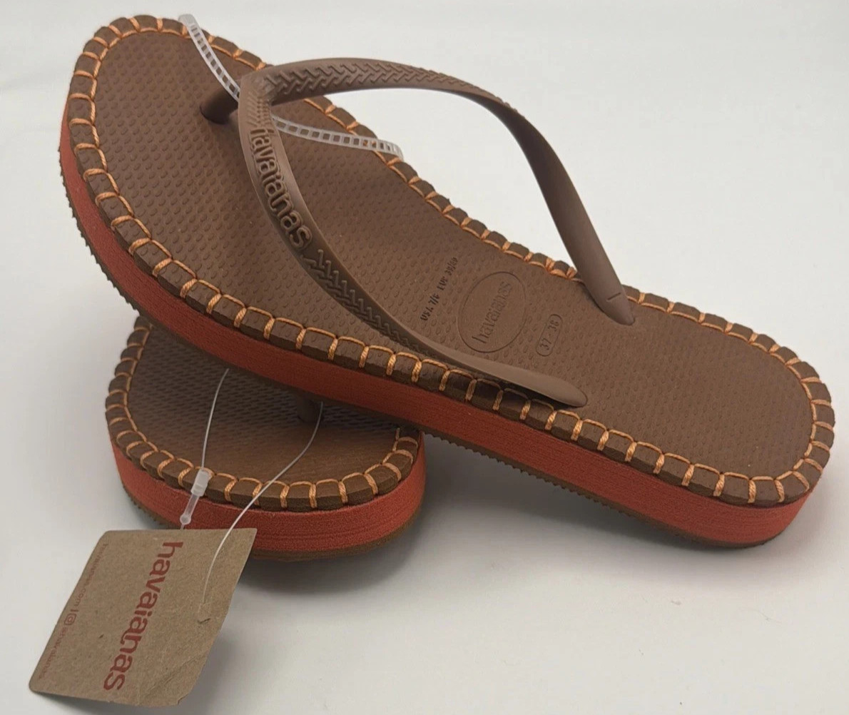 NWT Havaianas Youth Slim Flatform Loop Flip Flops, Rust BROWN , 3/4Y