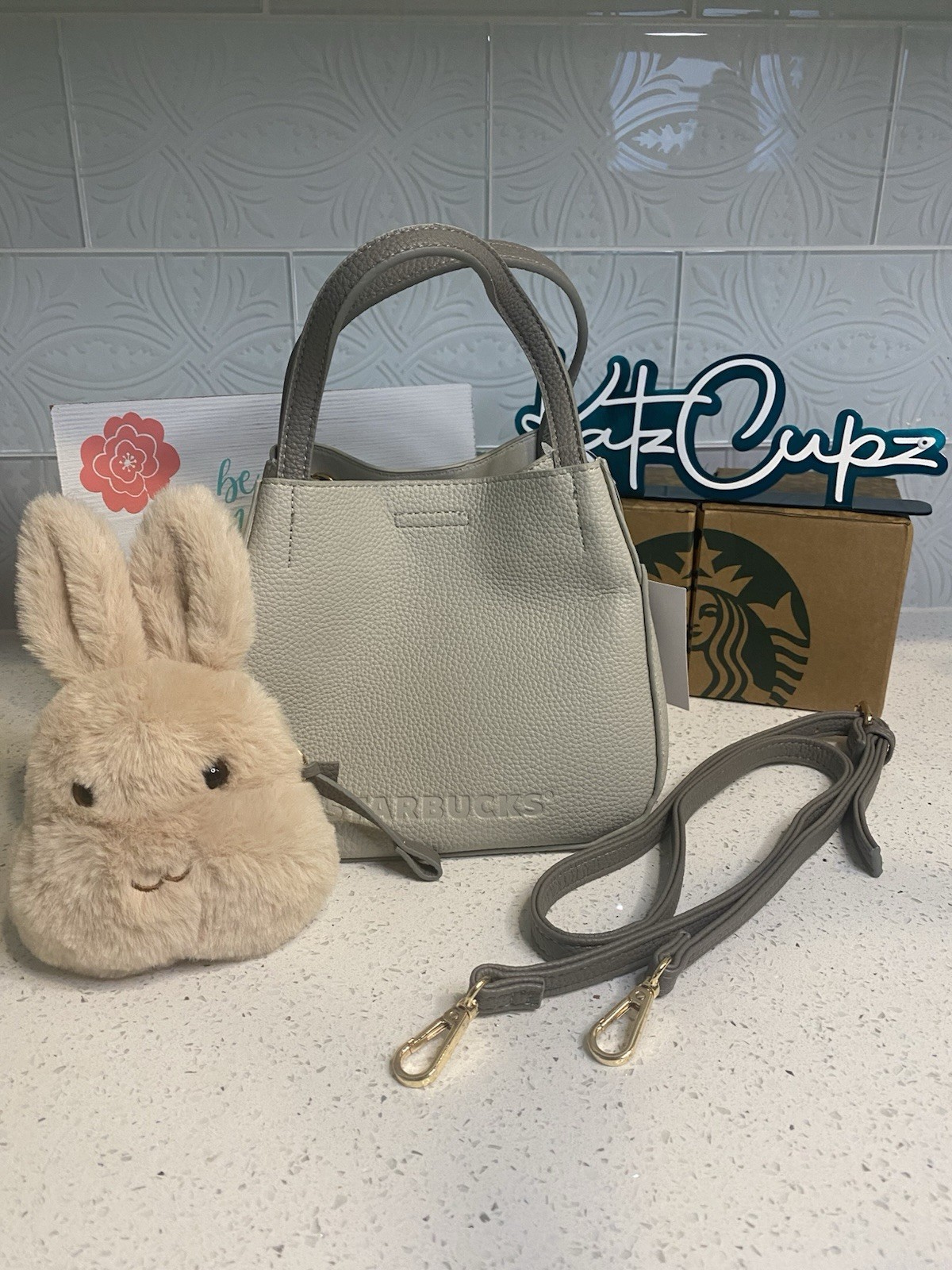 Starbucks Gray Top Handle Bag w/Bunny Charm & Detachable Strap, ‘21 China Autumn