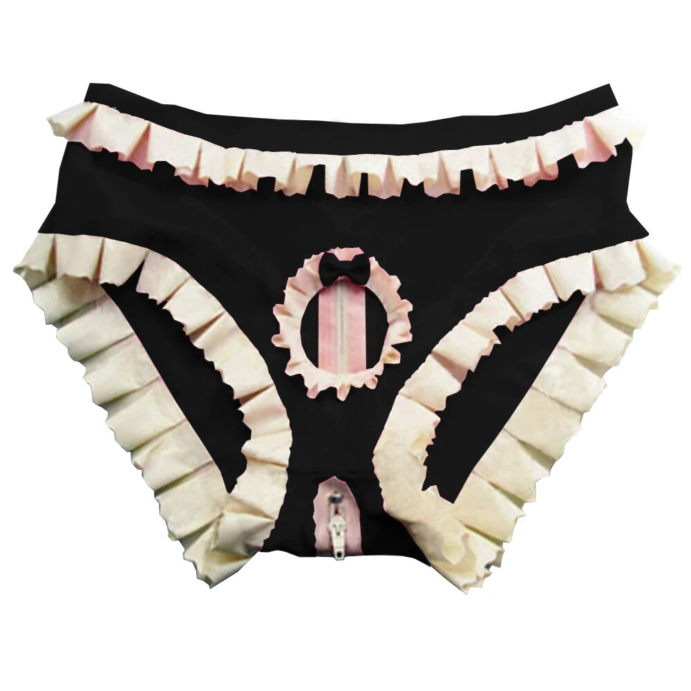 Men’s Panties Wet Look PVC Leather Zipper Ruffled Cute Bowknot Briefs with Holes
